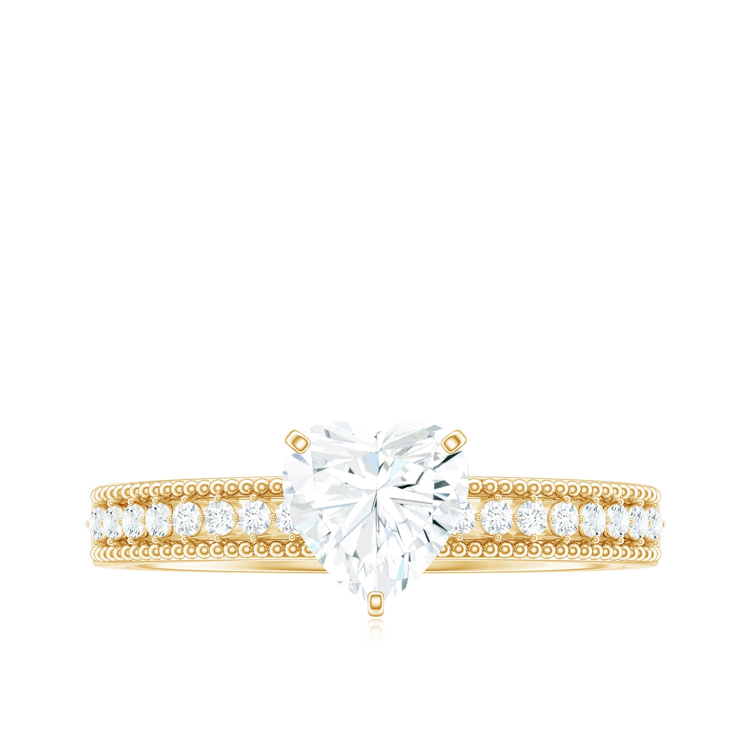 7X7 MM Heart Shape Moissanite Engagement Ring with Side Stones and Beaded Details
