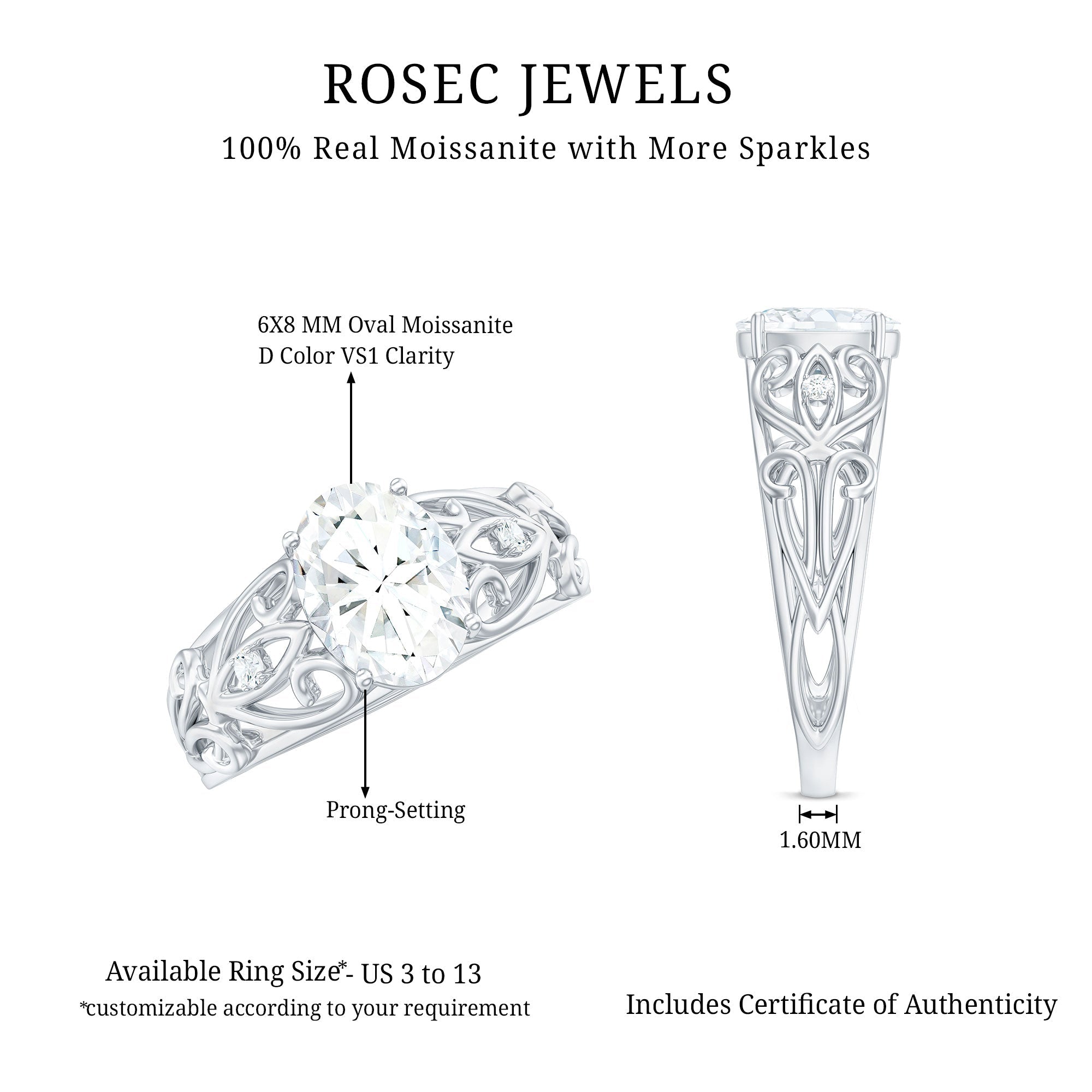 6X8 mm Oval Cut Vintage Inspired Moissanite Filigree Engagement Ring