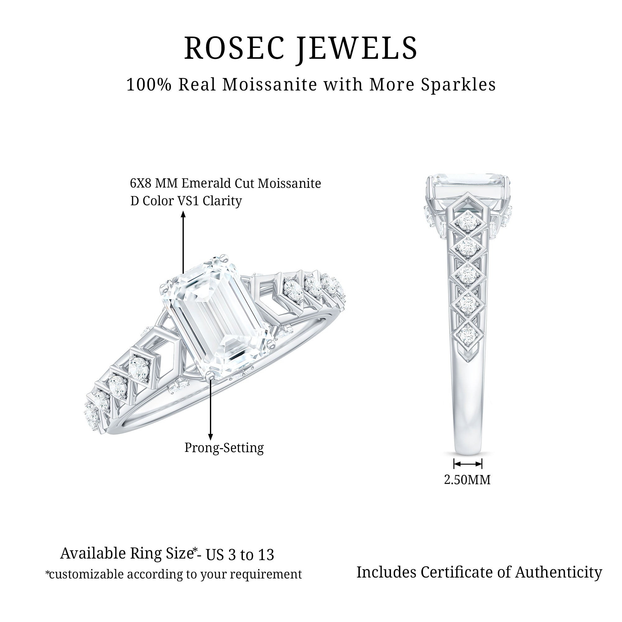 6X8 MM Emerald Cut Moissanite Solitaire Engagement Ring with Side Stones