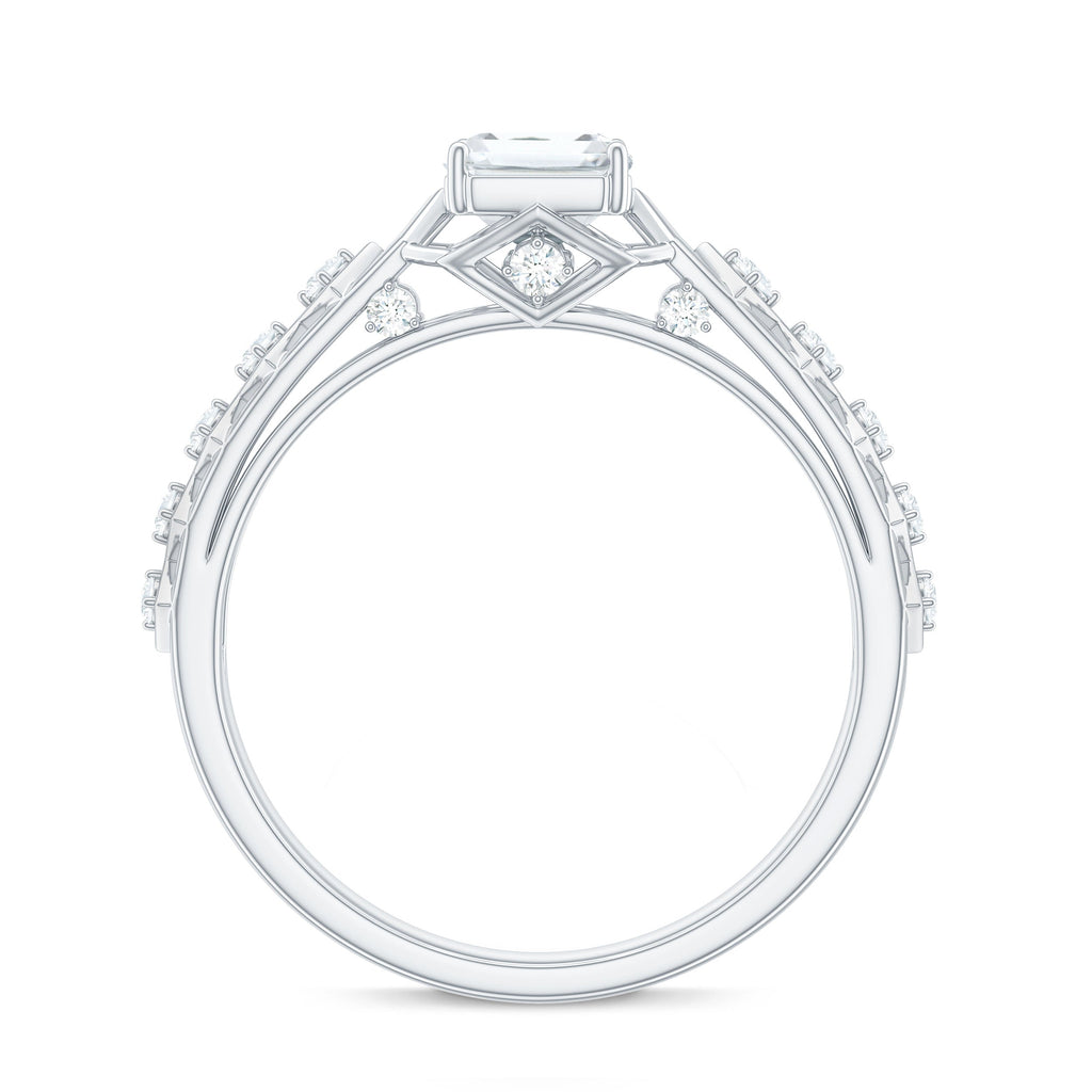 6X8 MM Emerald Cut Moissanite Solitaire Engagement Ring with Side Stones