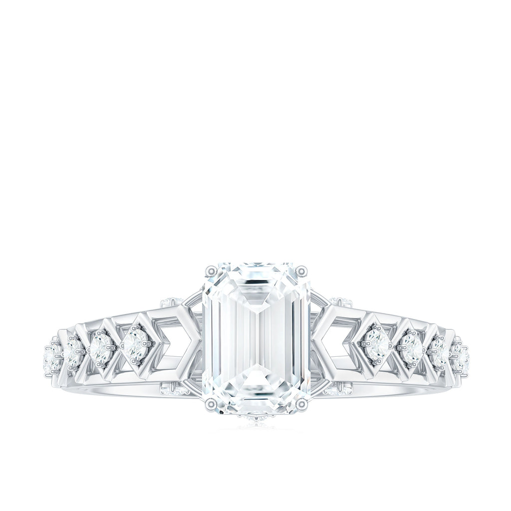 6X8 MM Emerald Cut Moissanite Solitaire Engagement Ring with Side Stones