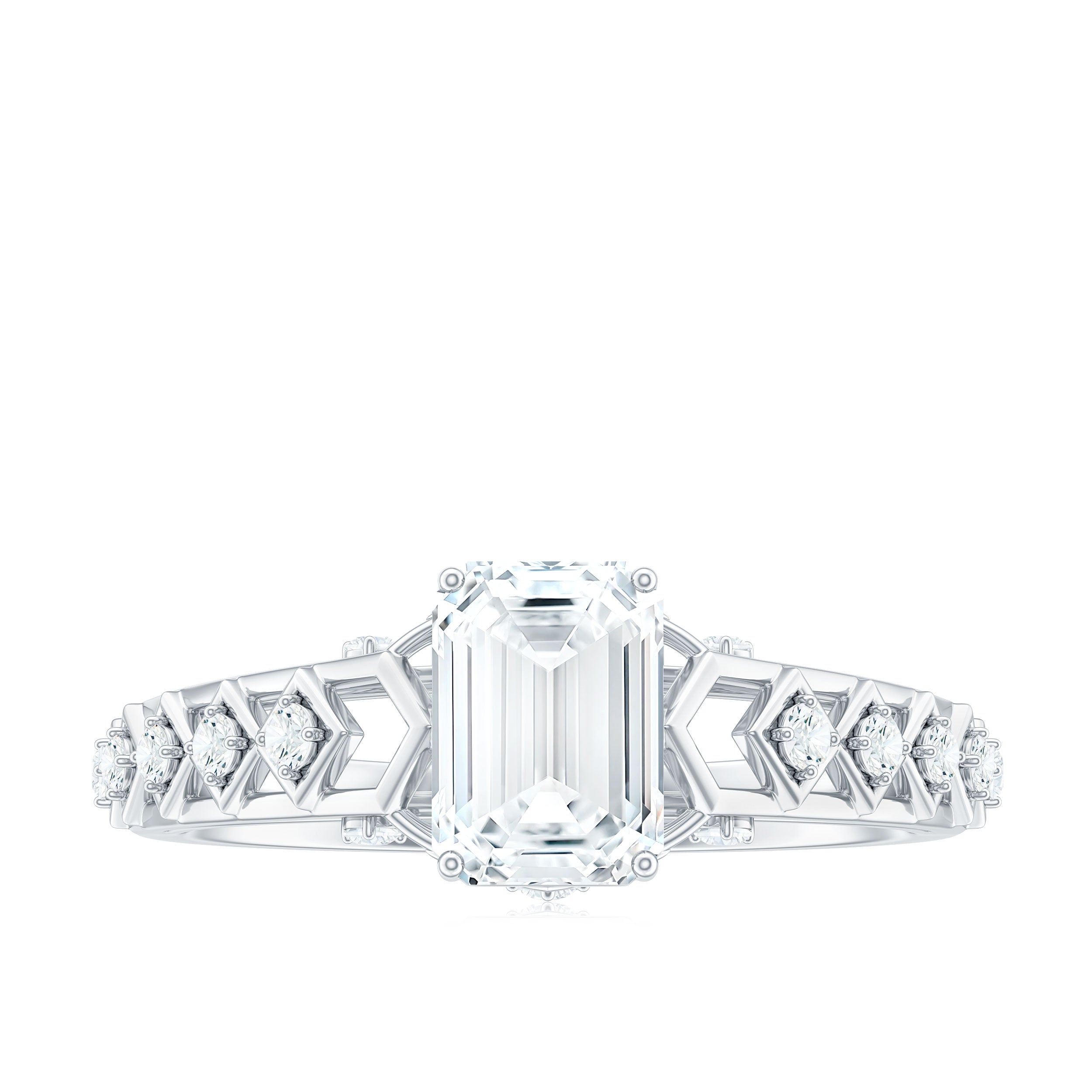 6X8 MM Emerald Cut Moissanite Solitaire Engagement Ring with Side Stones