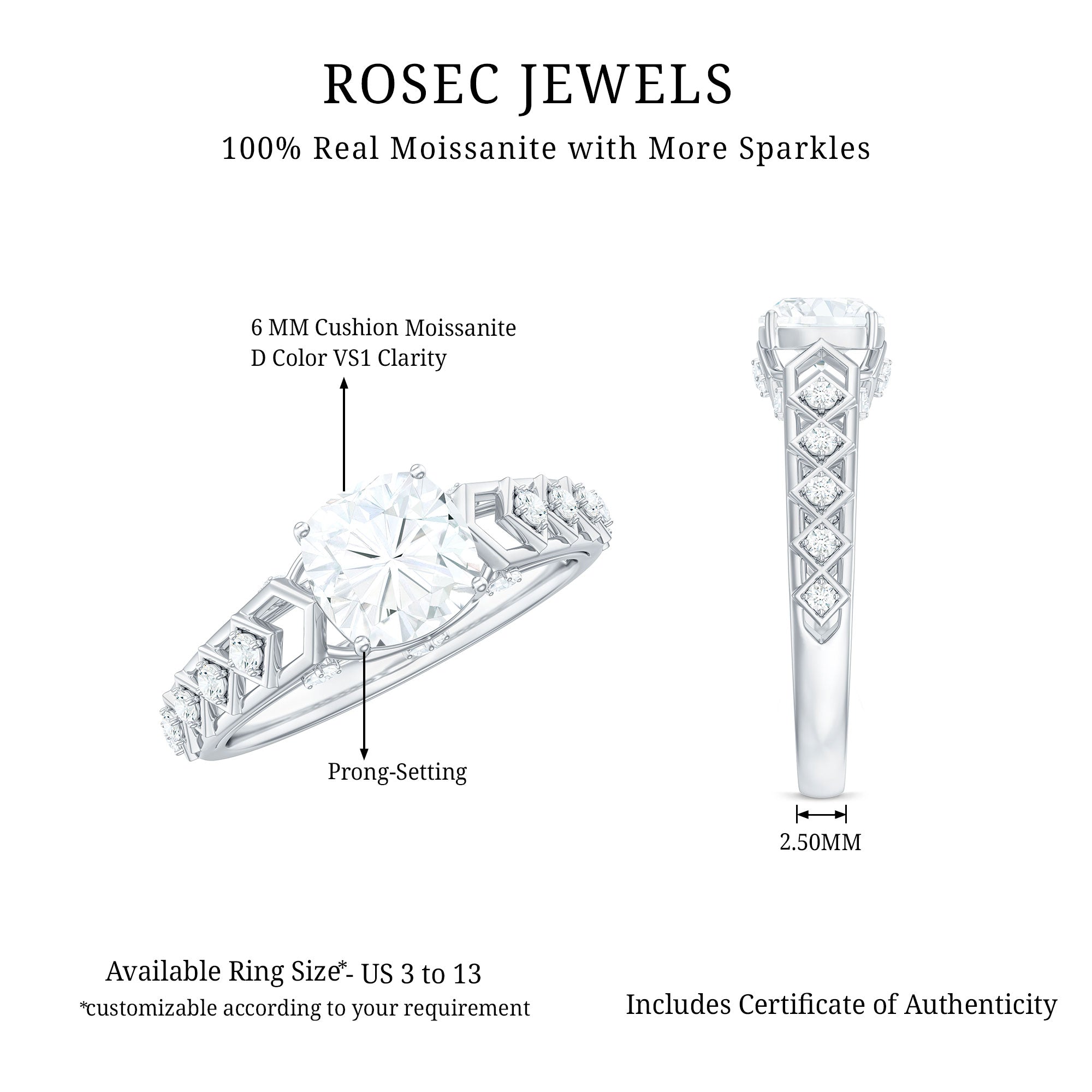 6mm Cushion Cut Certified Moissanite Solitaire Engagement Ring