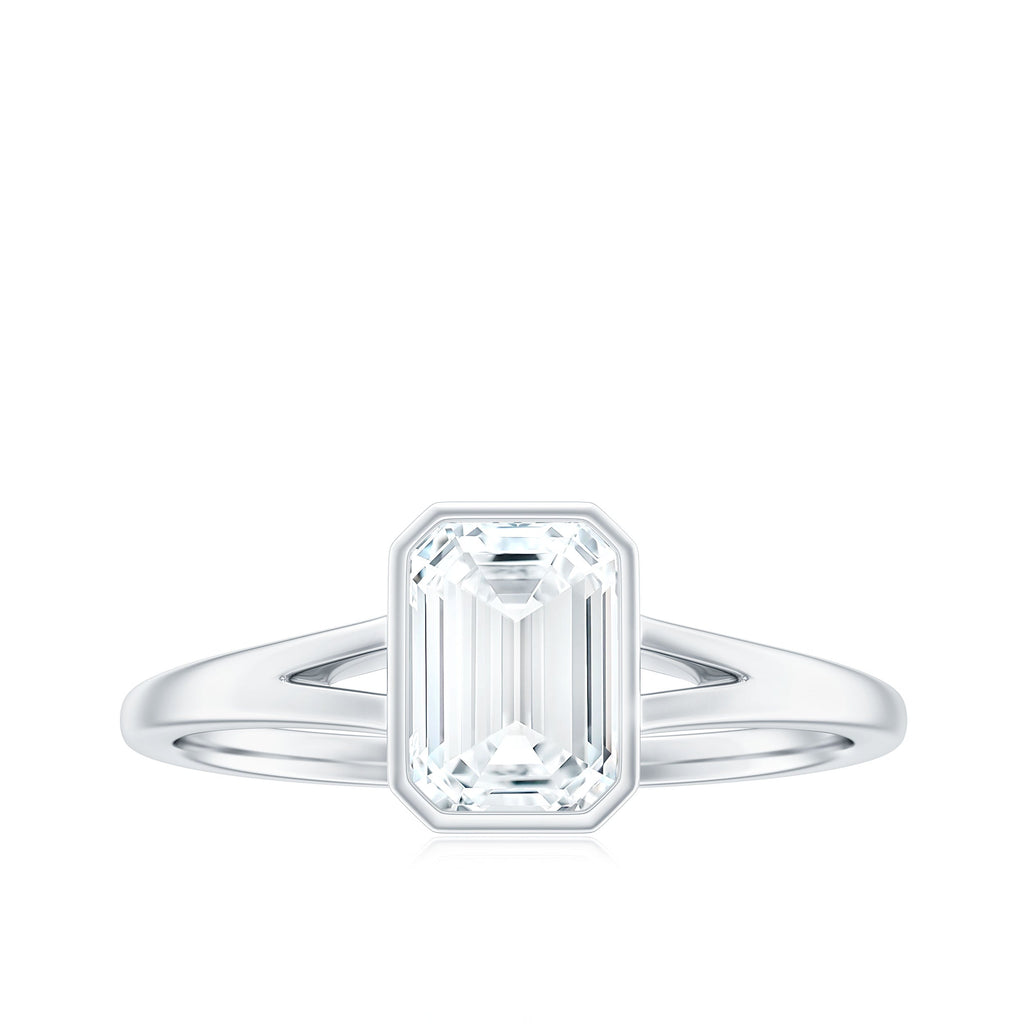 6X8mm Emerald Cut Moissanite Bezel Set Engagement Ring with Split Shank