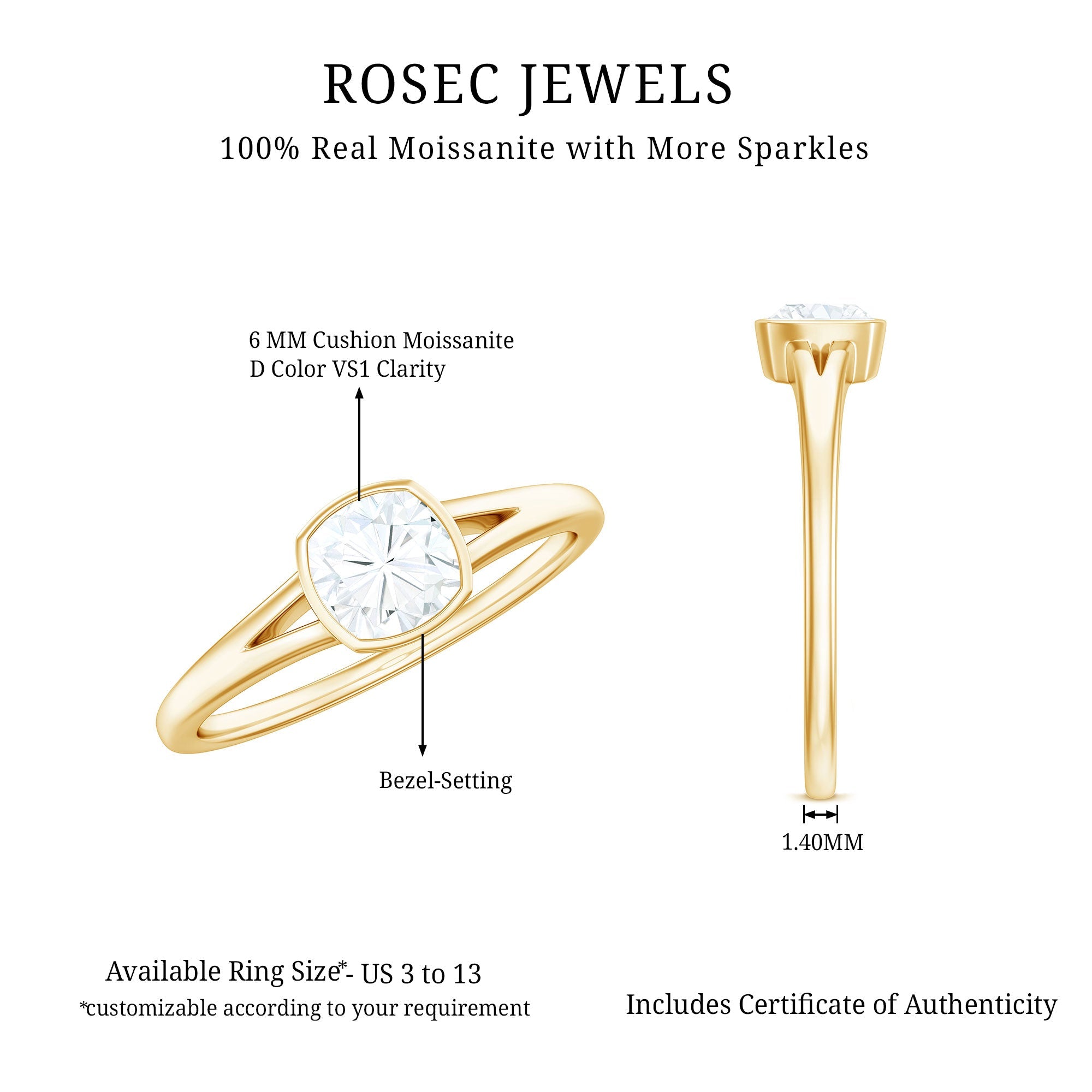 6mm Cushion Cut Moissanite Solitaire Split Shank Ring