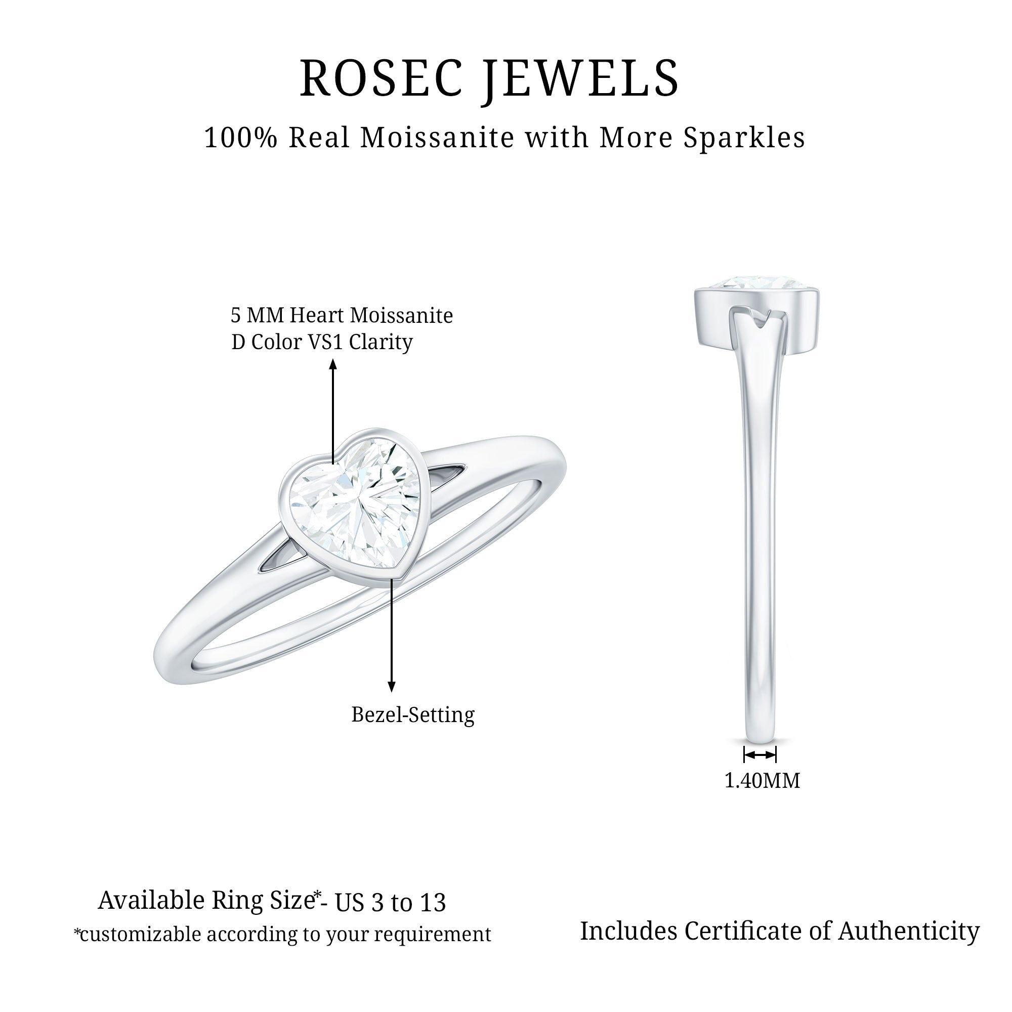 5mm Heart Shape Moissanite Solitaire Ring with Split Shank