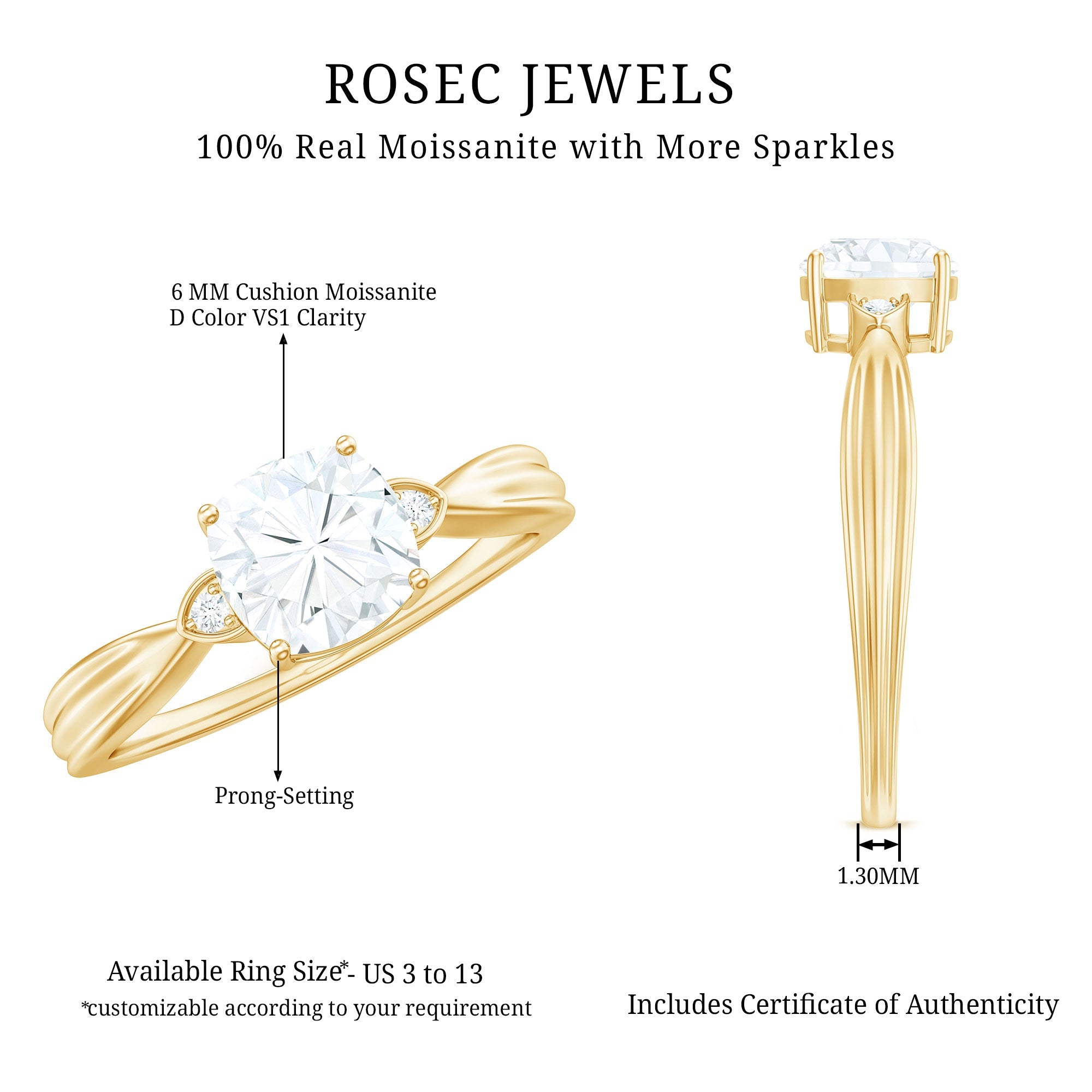 Brilliant Cut 6mm Moissanite Cushion Engagement Ring