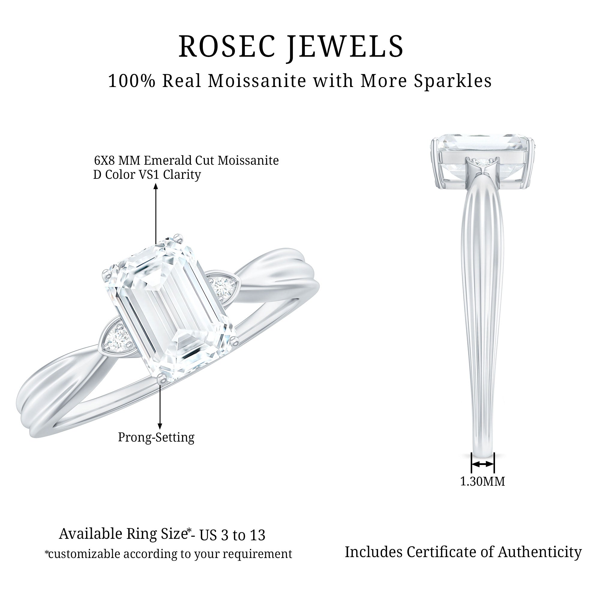 6x8mm Emerald Cut Certified Moissanite Engagement Ring for Women