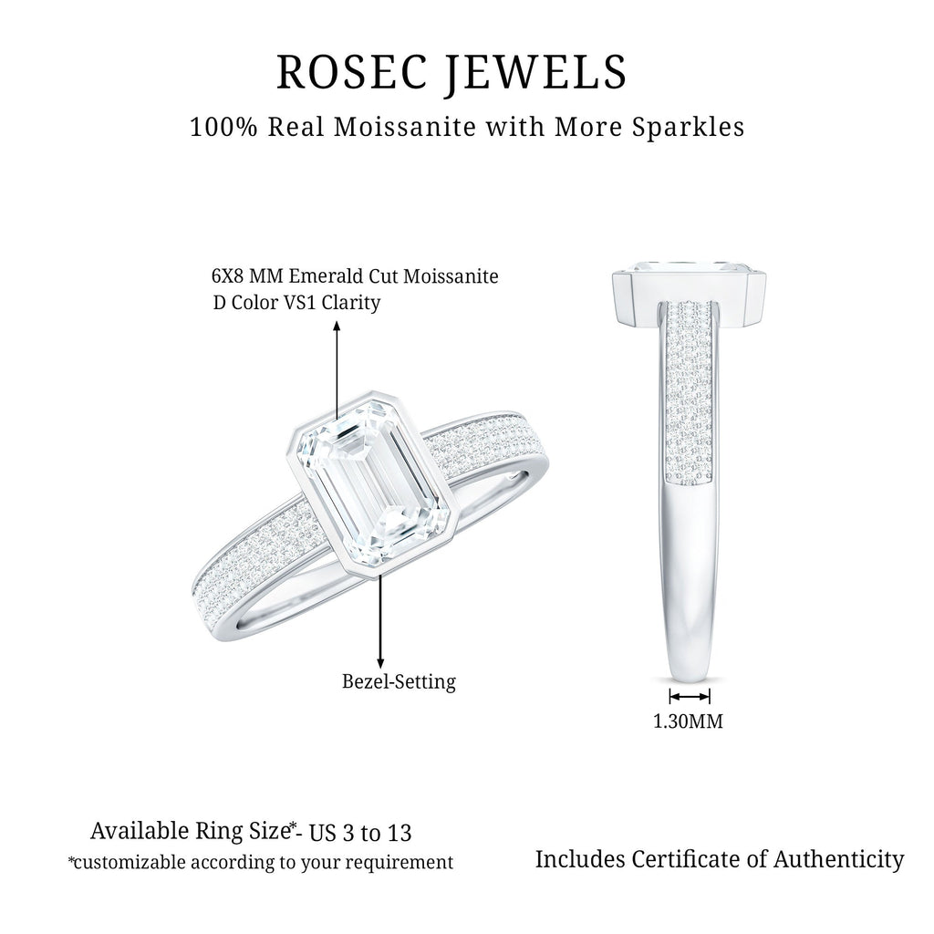 6X8mm Emerald Cut Moissanite Bezel Set Engagement Ring with Side Stones