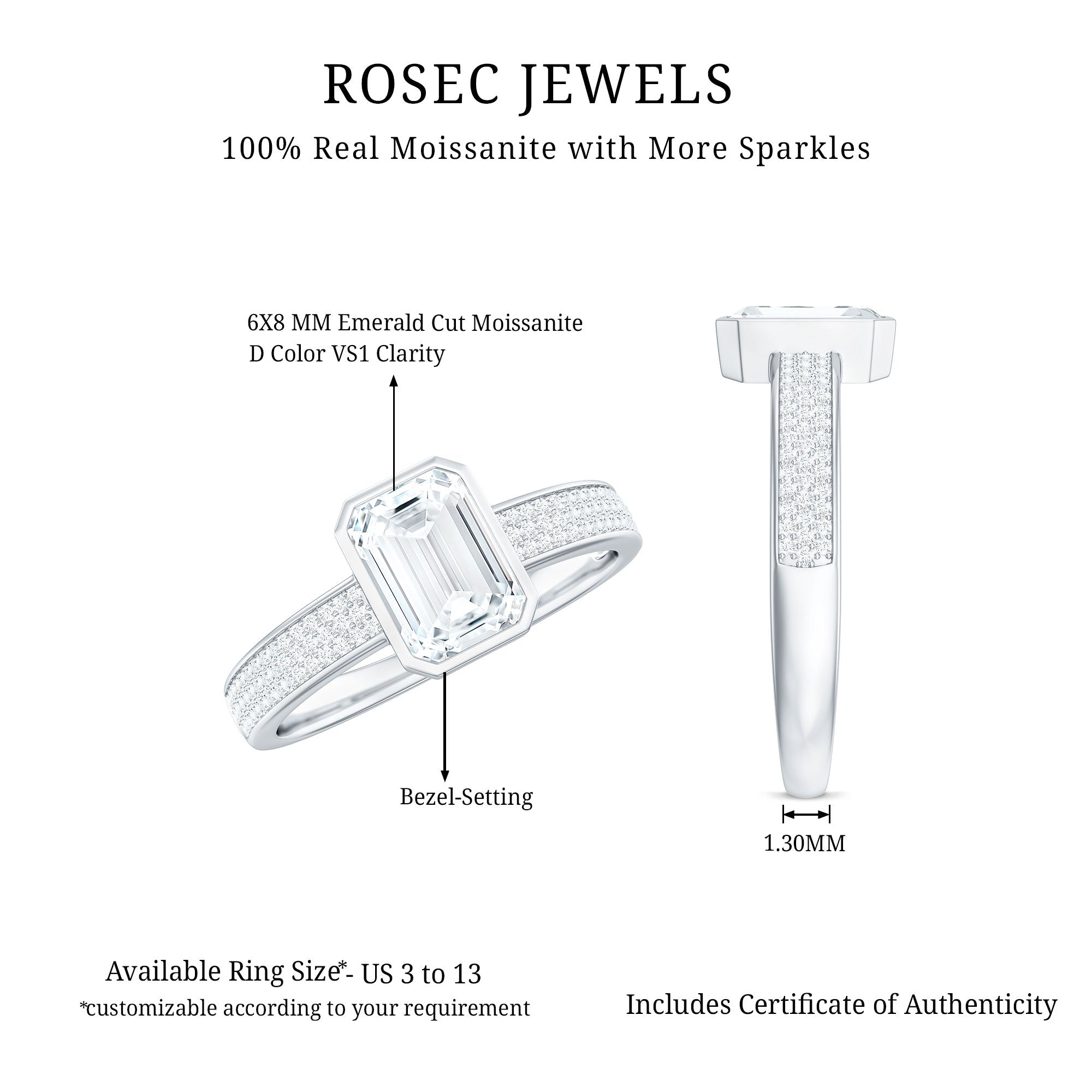 6X8mm Emerald Cut Moissanite Bezel Set Engagement Ring with Side Stones
