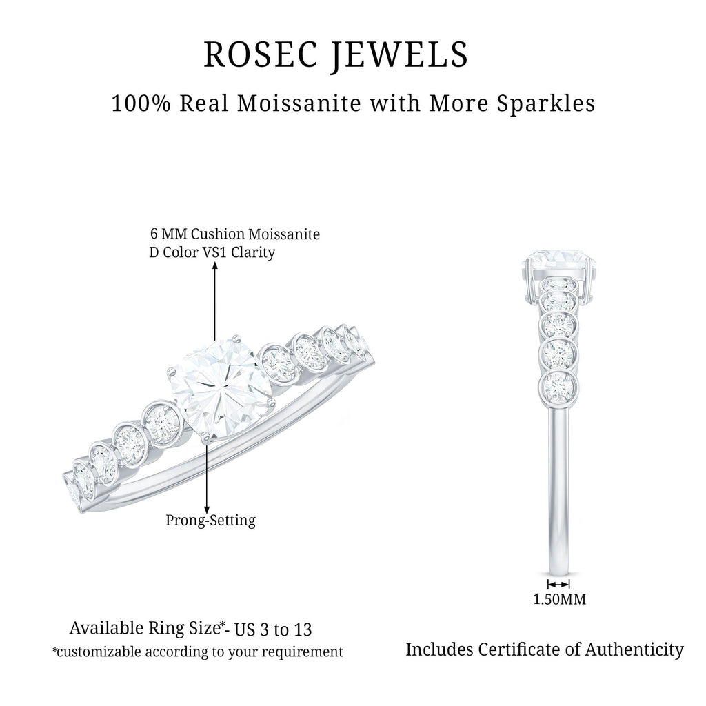 6mm Cushion Cut Moissanite Solitaire Engagement Ring with Side Stones