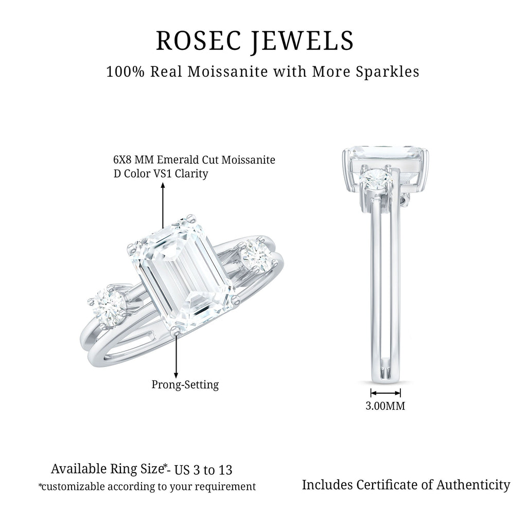 6x8mm Emerald Cut Moissanite Solitaire Double Band Engagement Ring