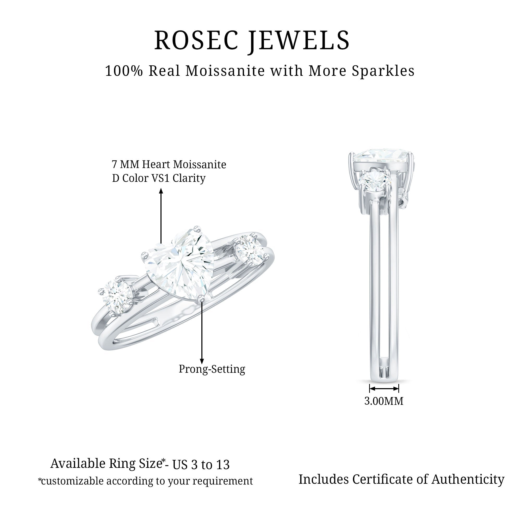 7mm Heart Shape Moissanite Solitaire Double Band Engagement Ring