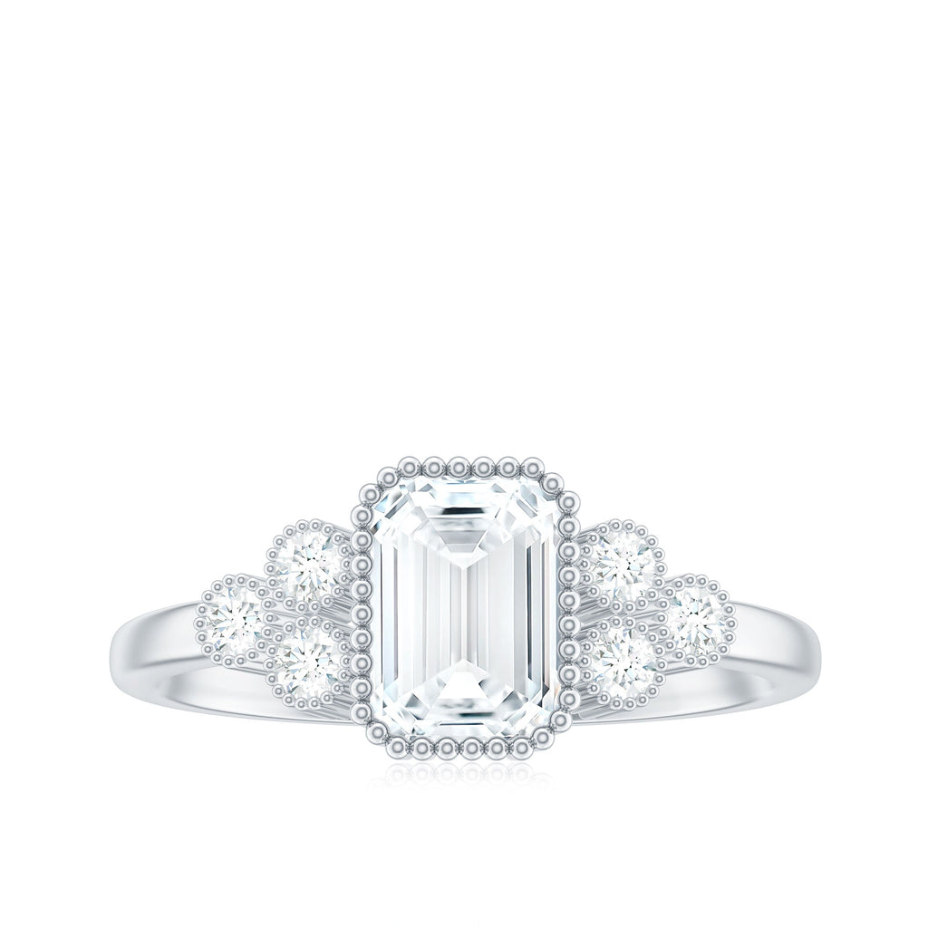 6x8mm Emerald Cut Moissanite Classic Engagement Ring with Beaded Details