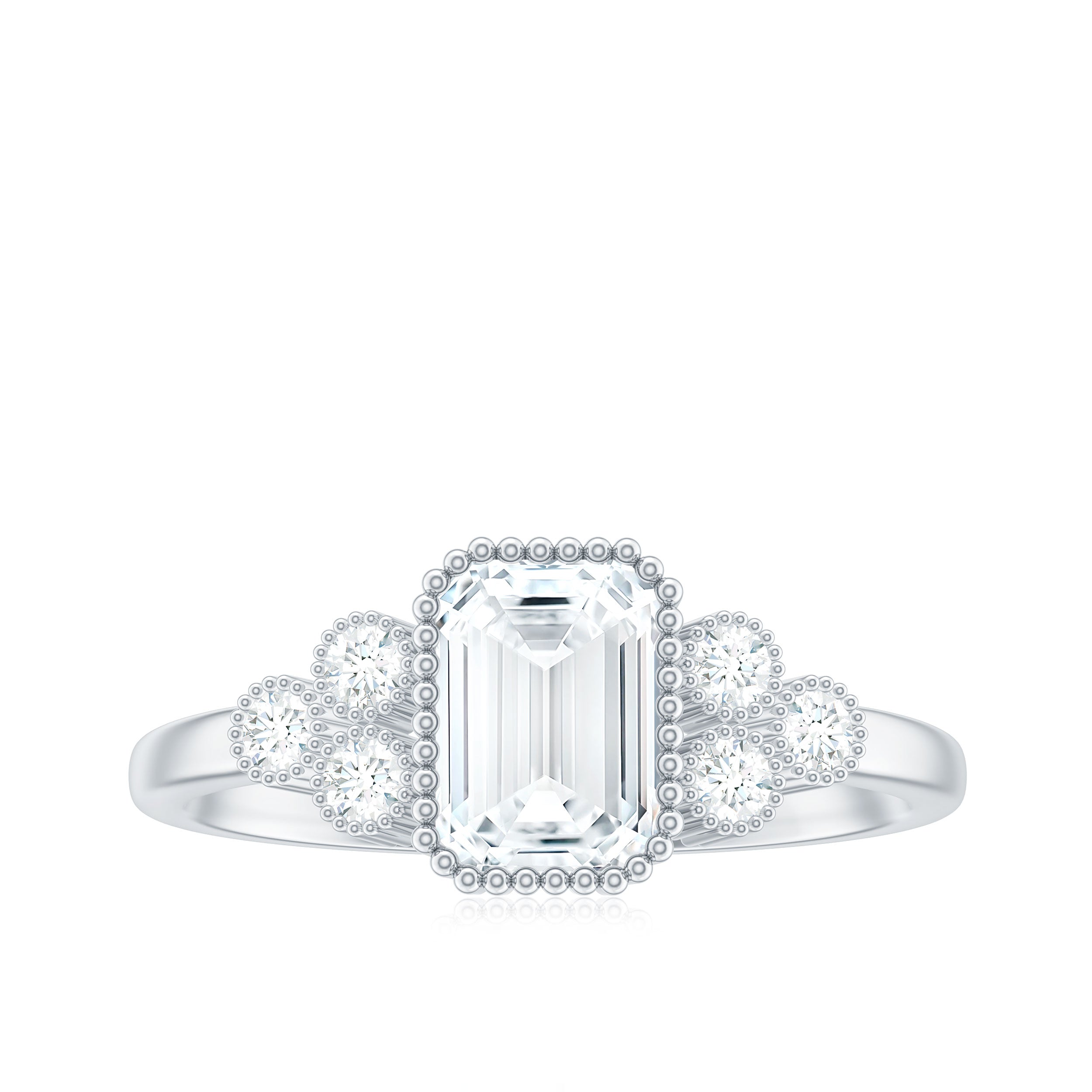 6x8mm Emerald Cut Moissanite Classic Engagement Ring with Beaded Details