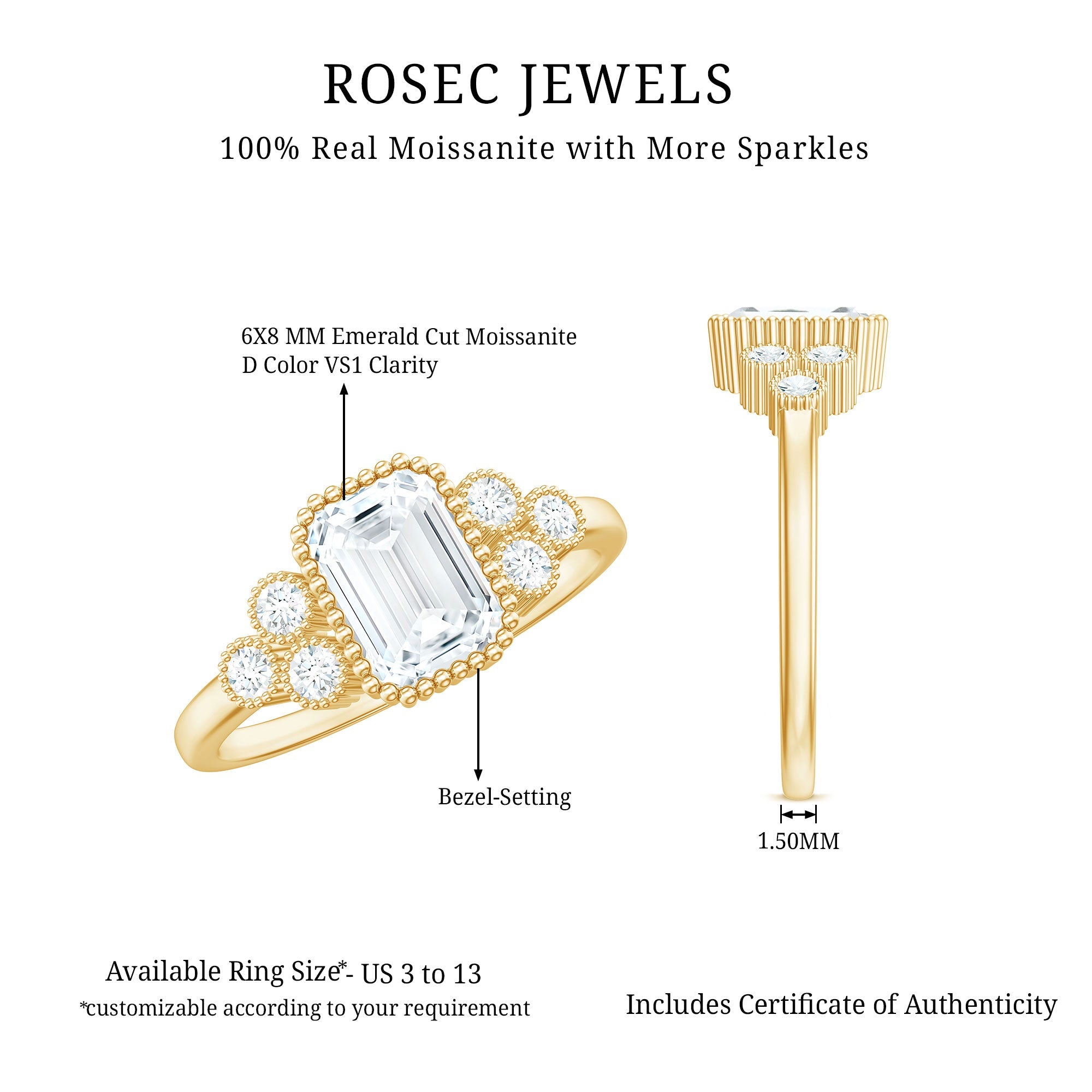 6x8mm Emerald Cut Moissanite Classic Engagement Ring with Beaded Details