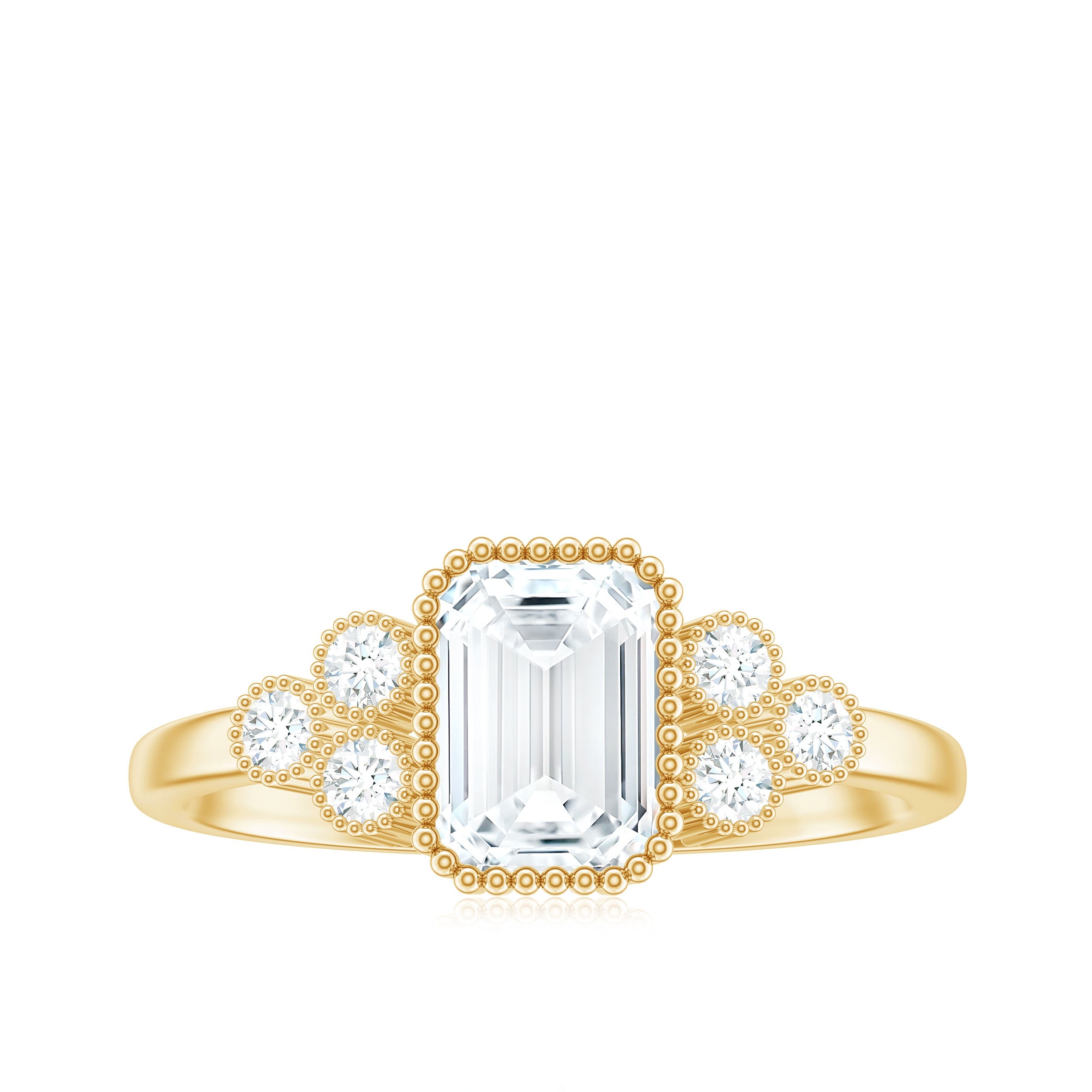 6x8mm Emerald Cut Moissanite Classic Engagement Ring with Beaded Details