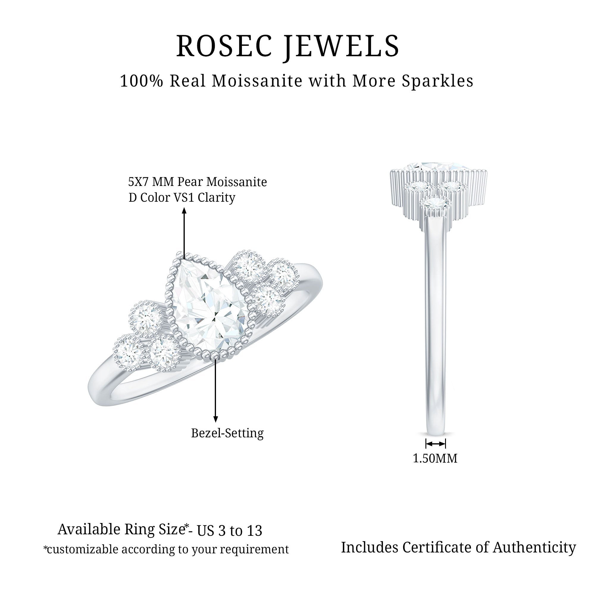 5X7mm Pear Shaped Moissanite Classic Engagement Ring with Beaded Details