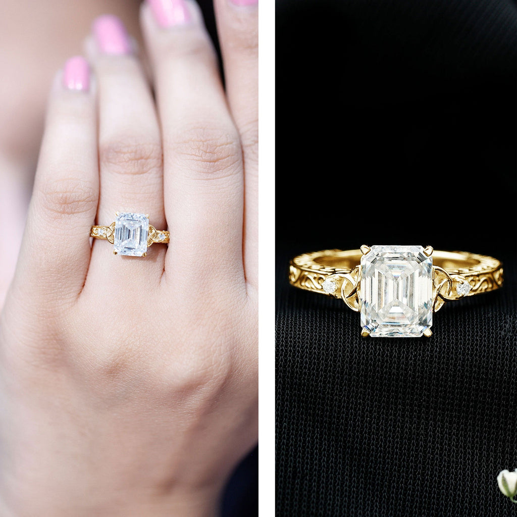 7X9 mm Emerald Cut Moissanite Solitaire Celtic Ring with Engraved Shank