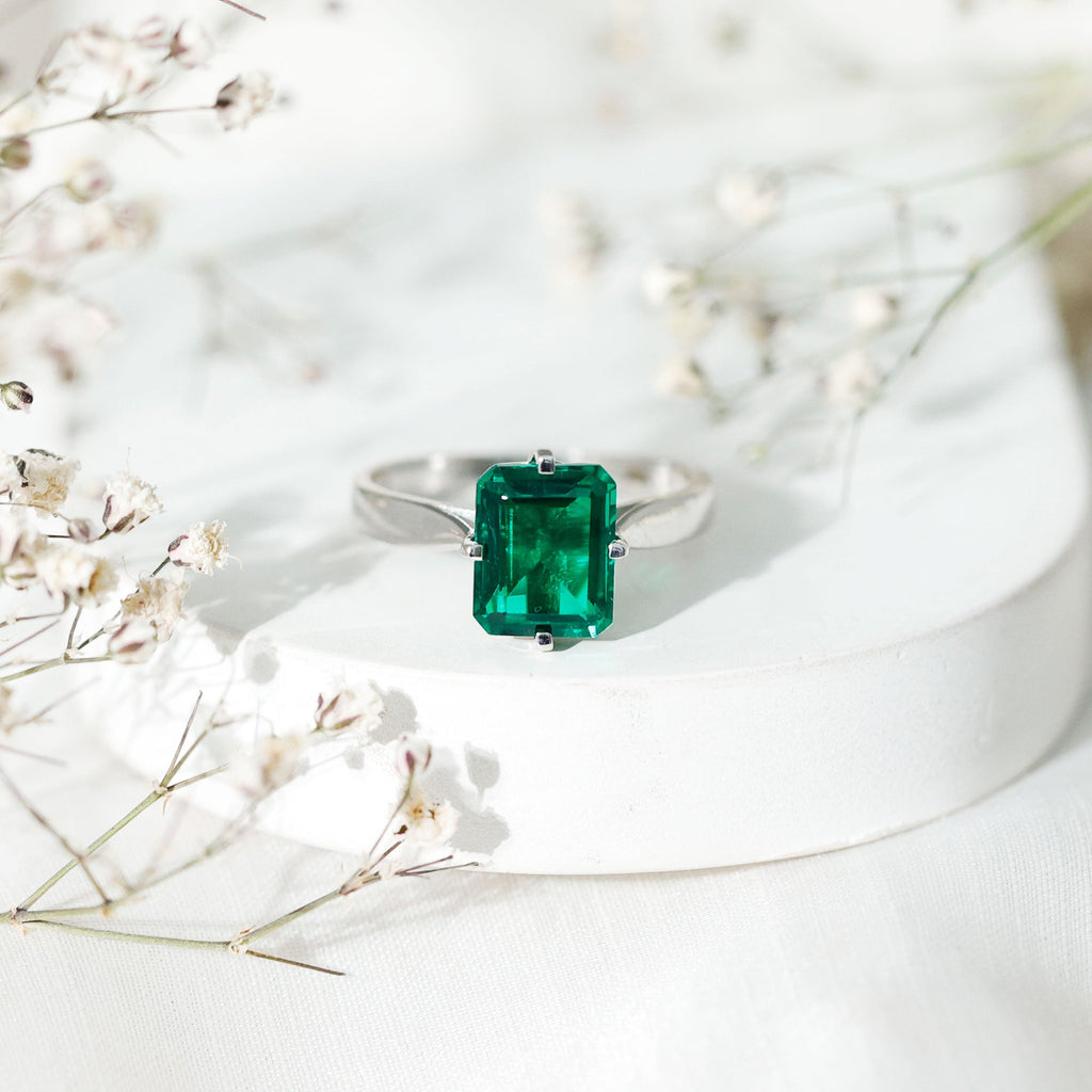 8X10 MM Octagon Lab Grown Emerald Solitaire Engagement Ring