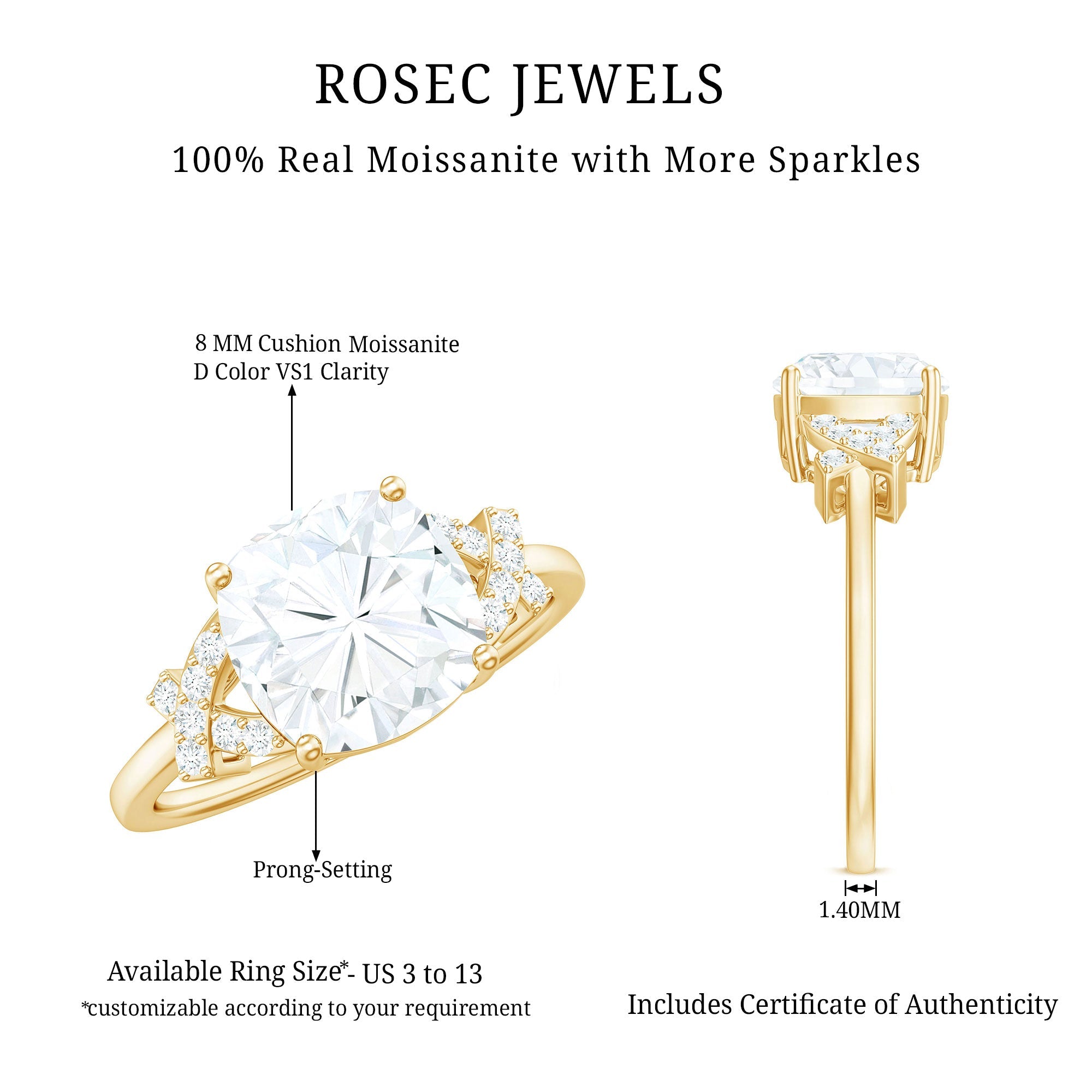 8X8mm Cushion Cut Moissanite Solitaire Engagement Ring for Women