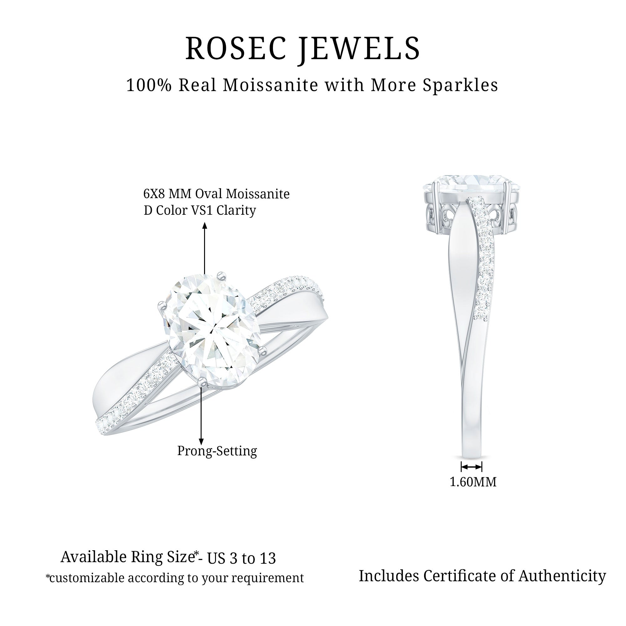 6X8mm Brilliant Cut Certified Moissanite Engagement Ring