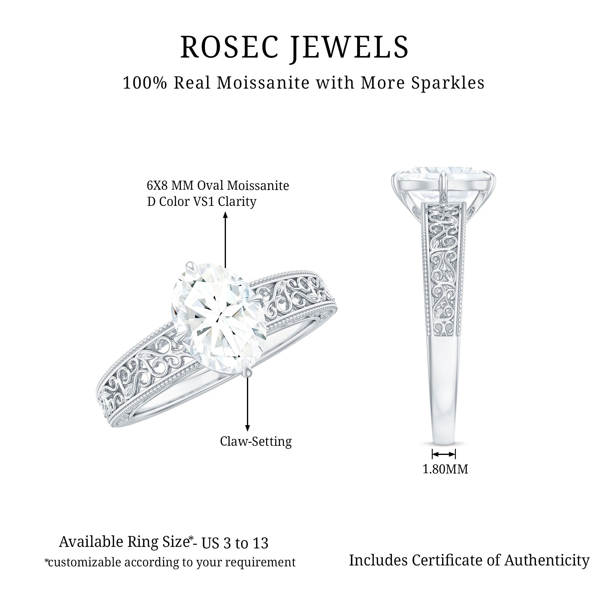 6X8mm Moissanite Oblong Engagement Ring with Filigree Shank
