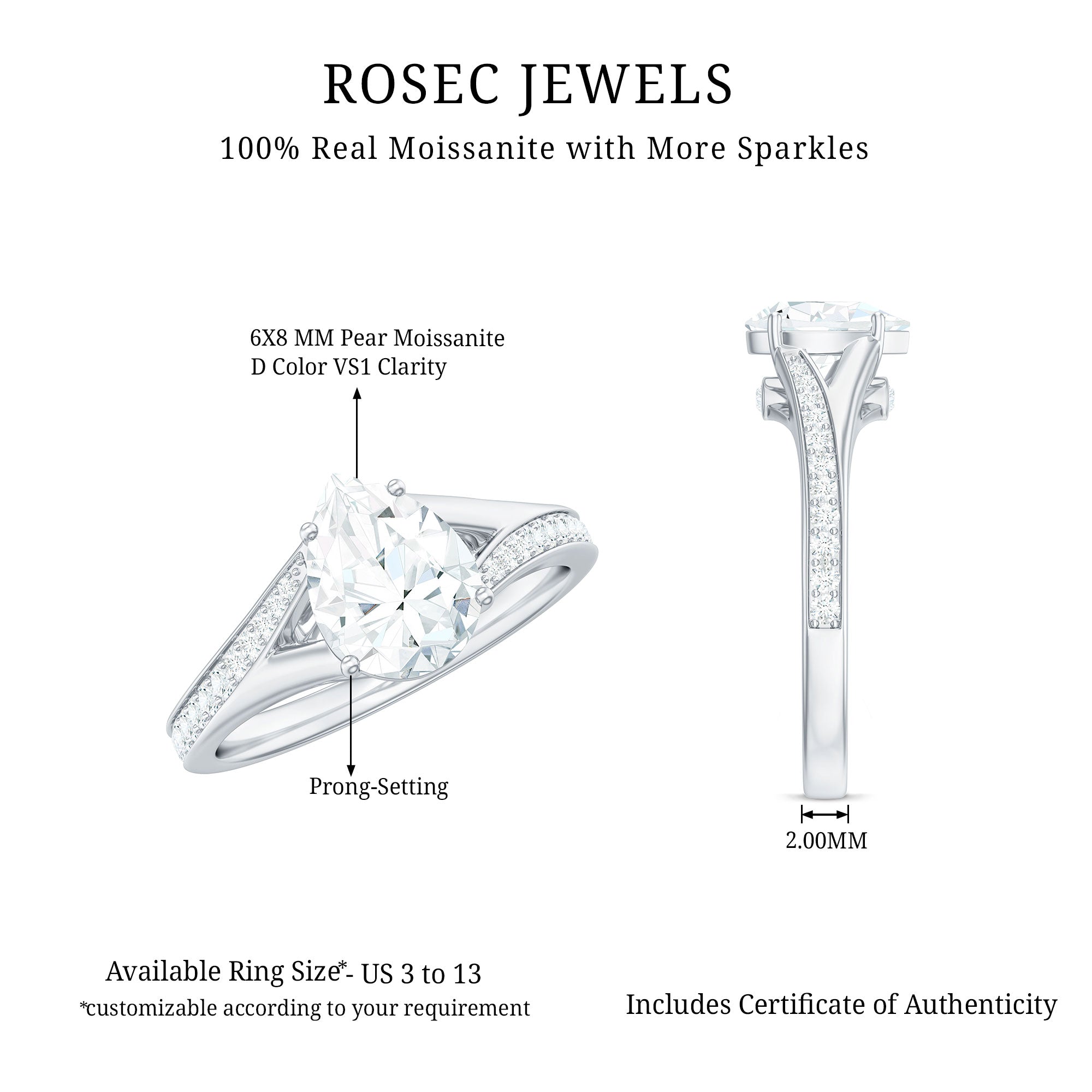6X8mm Pear Cut Moissanite Solitaire Engagement Ring with Split Shank