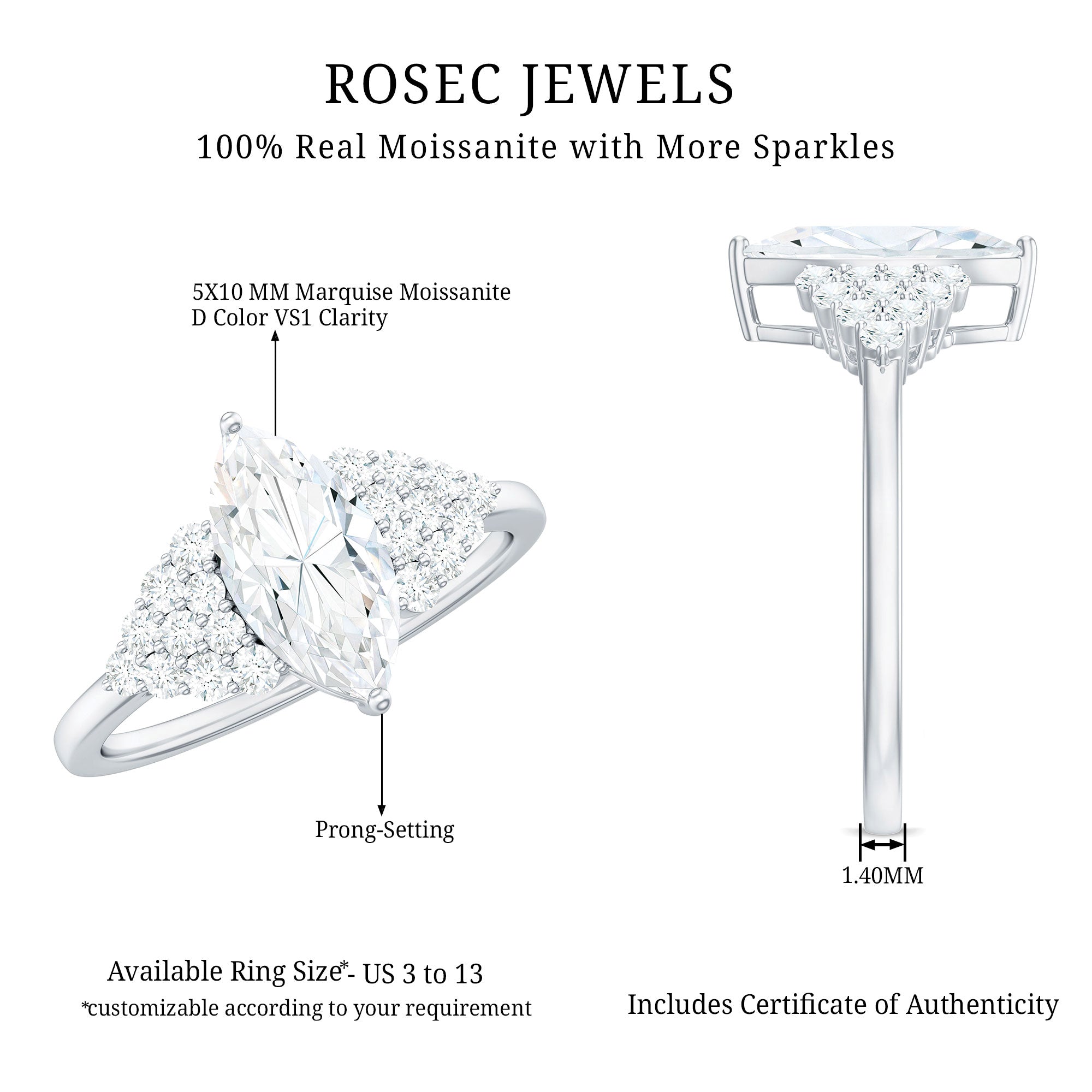 5X10mm Marquise Cut Moissanite Classic Engagement Ring