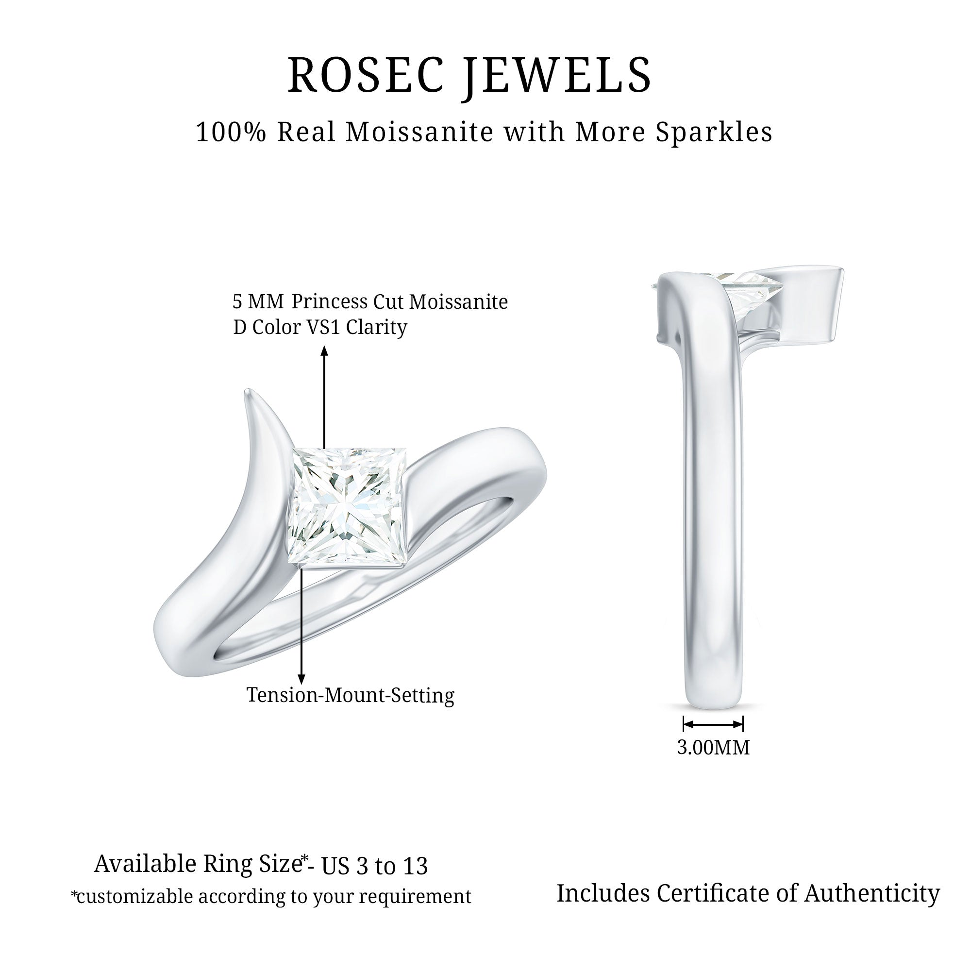 5mm Princess Cut Moissanite Solitaire Ring in Tension Setting