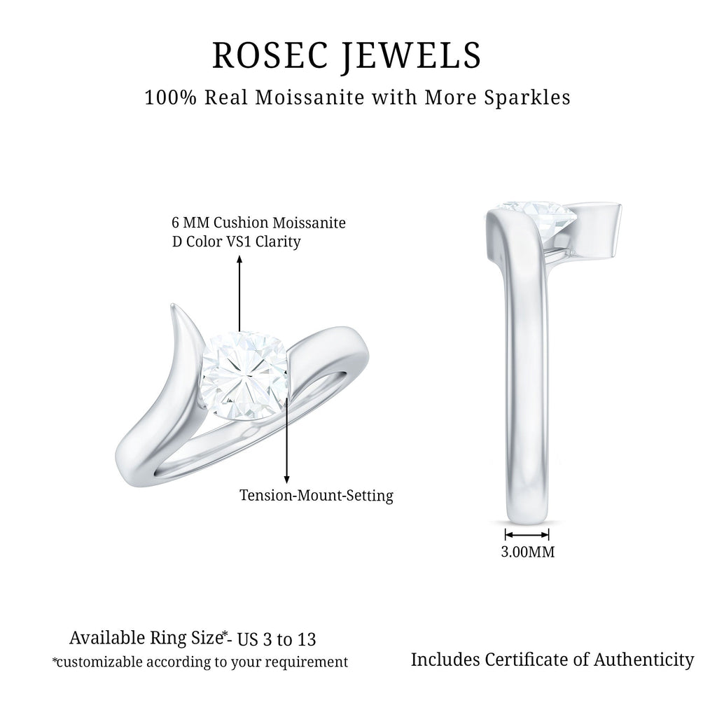 6X6 MM Cushion Cut Moissanite Solitaire Engagement Ring with Bypass Shank