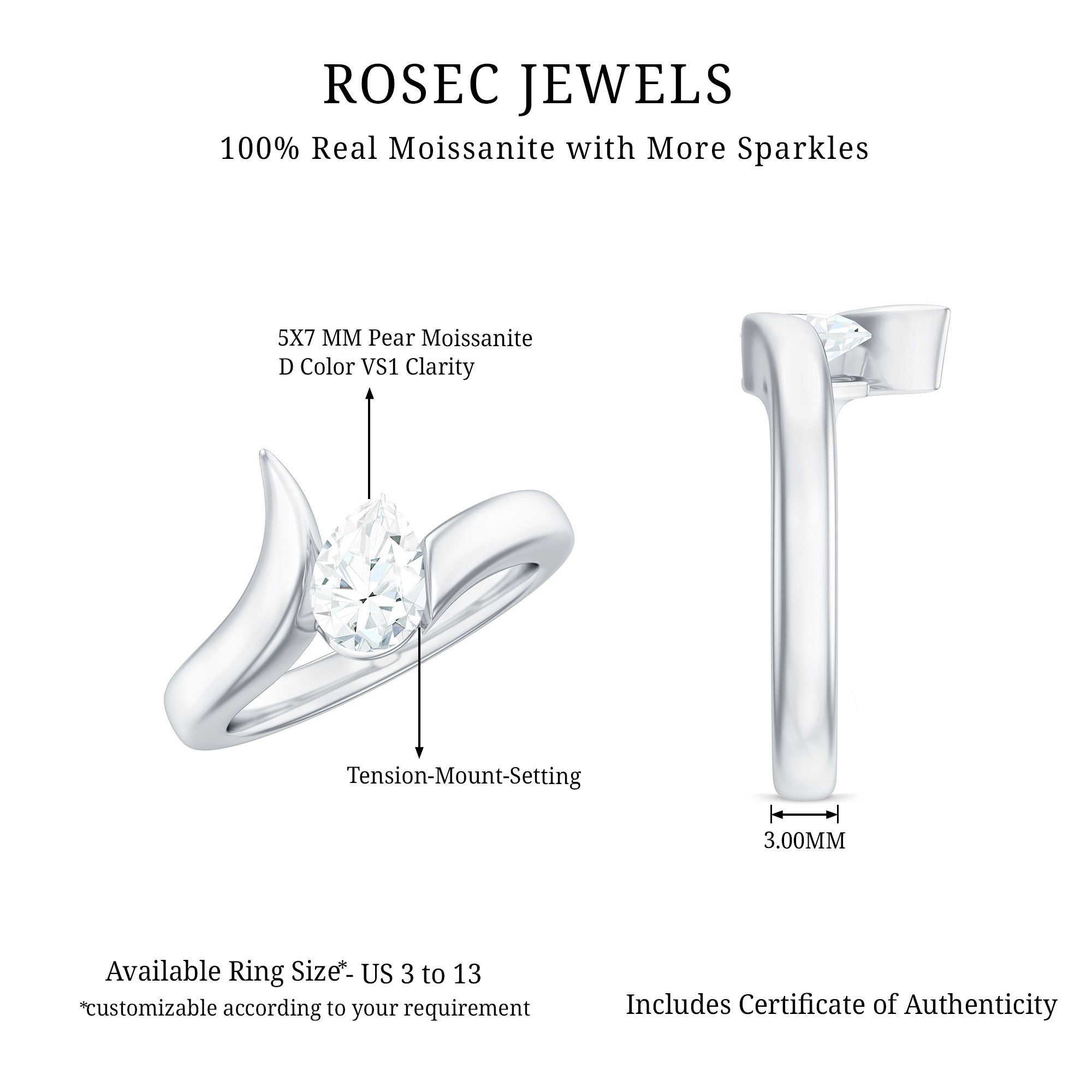 5X7mm Pear Cut Moissanite Solitaire Ring with Bypass Shank
