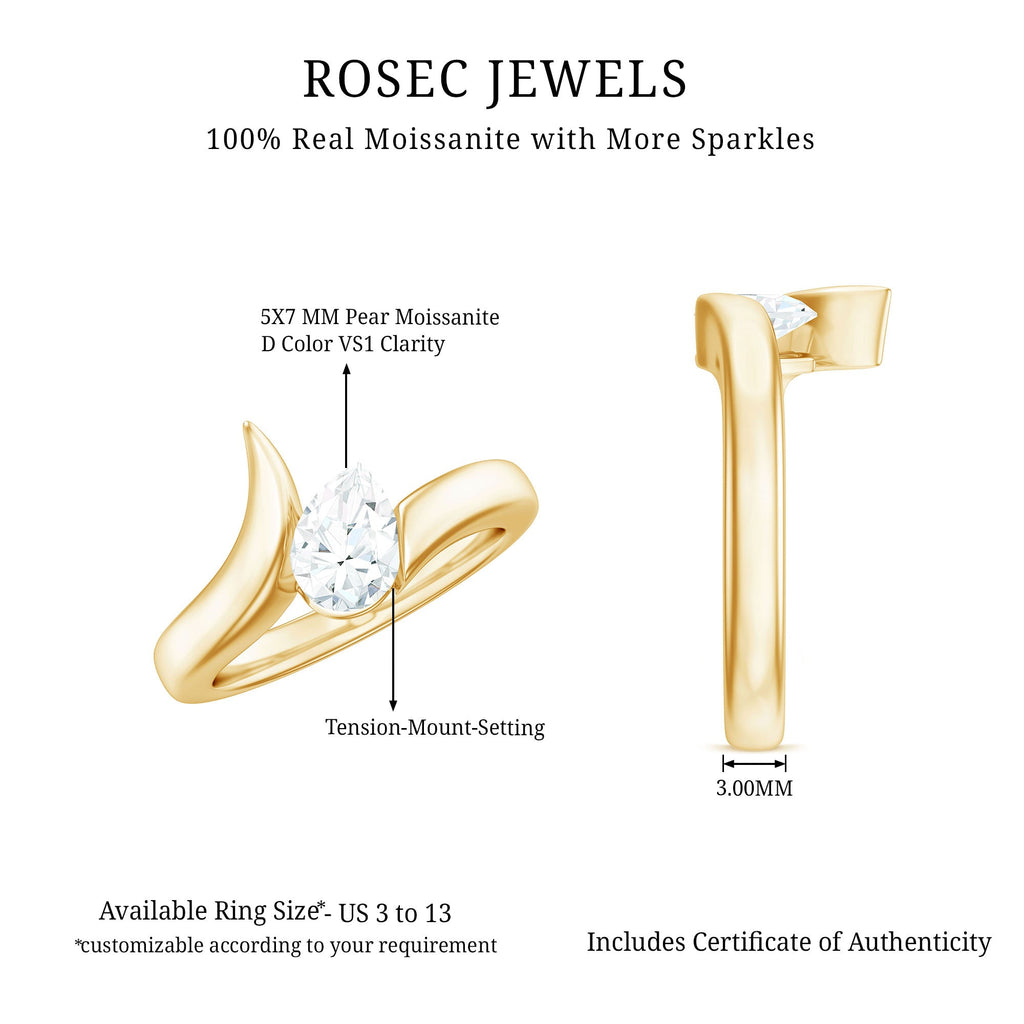 5X7mm Pear Cut Moissanite Solitaire Ring with Bypass Shank