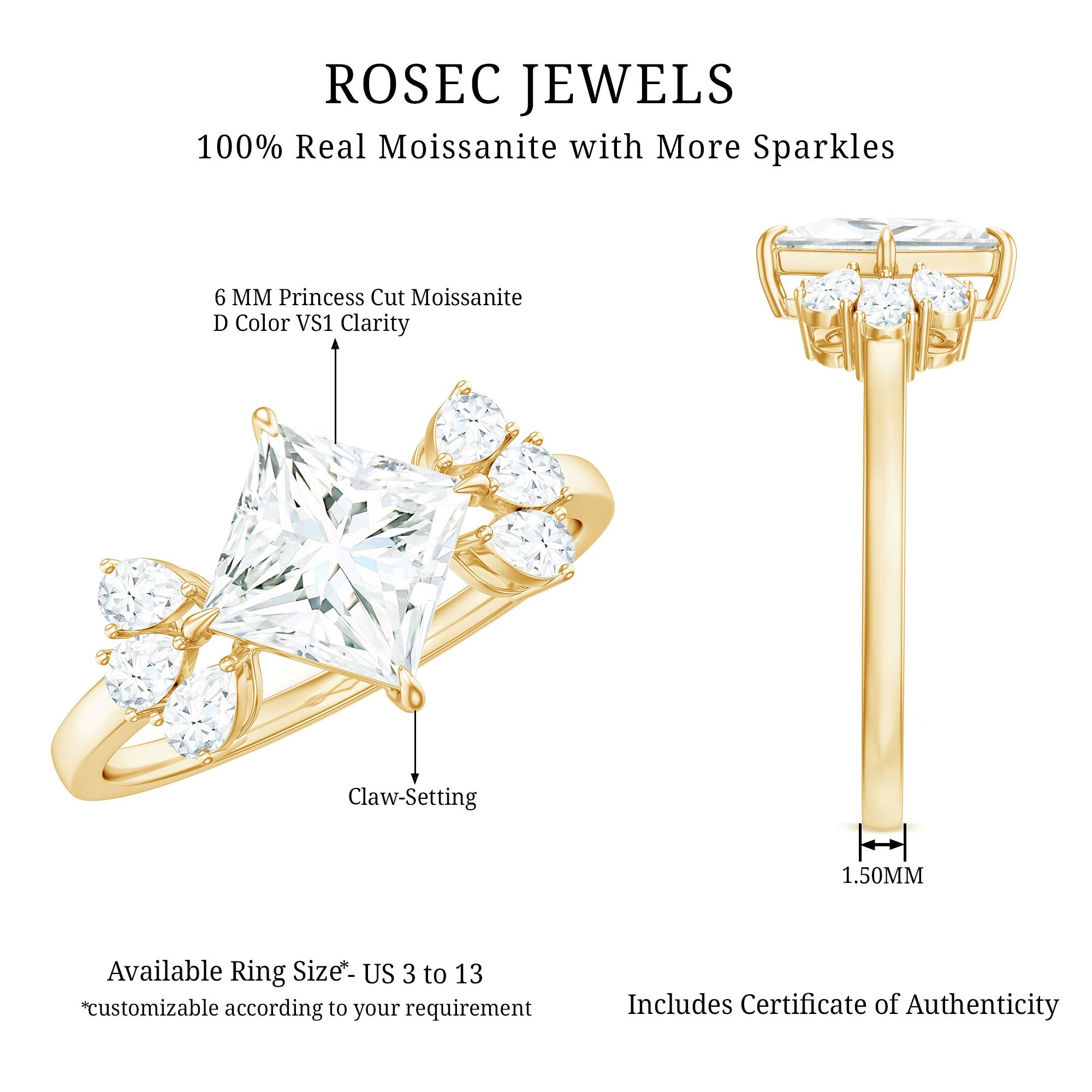 6 mm Princess Cut Moissanite Cluster Engagement Ring