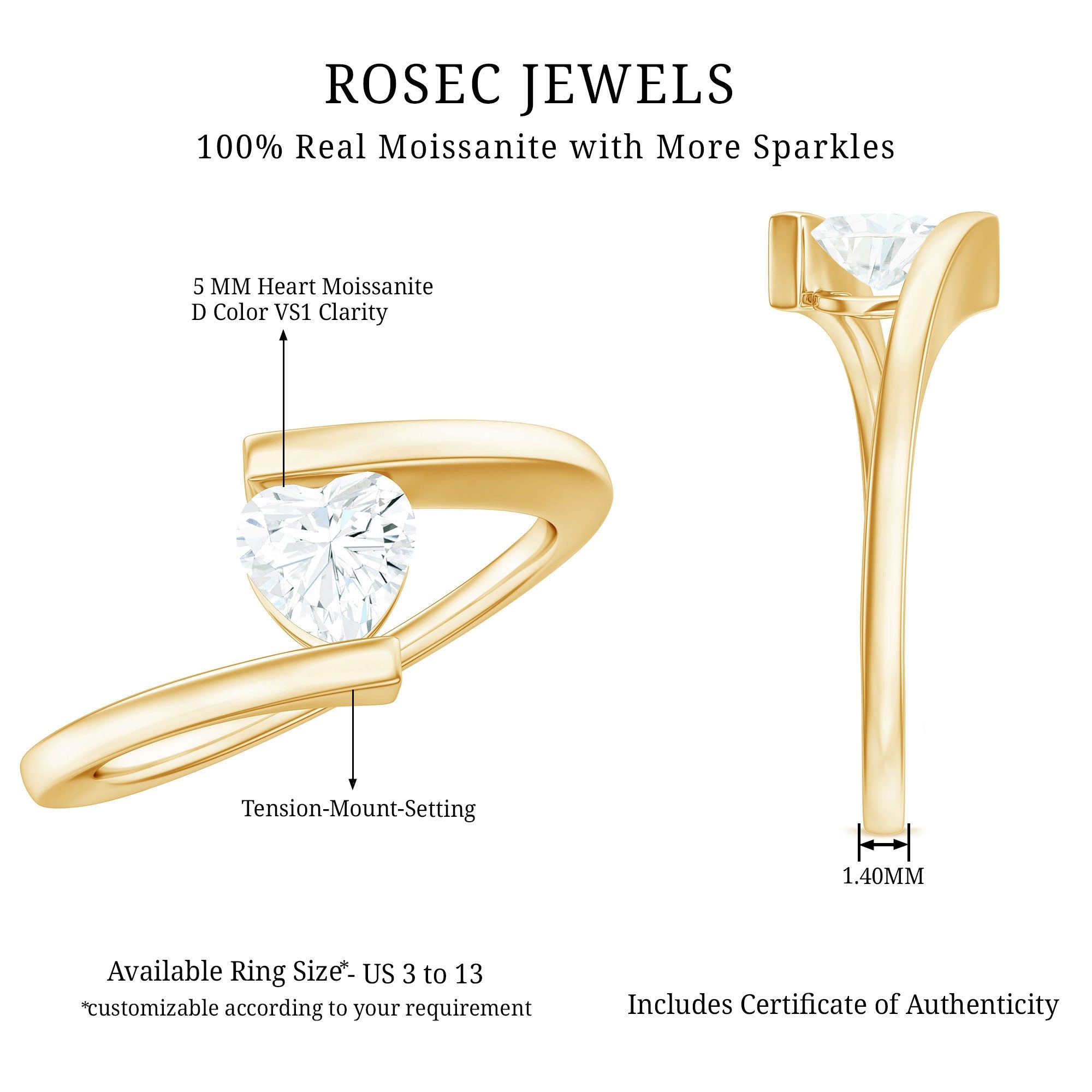 5mm Heart Moissanite Solitaire Promise Ring with Bypass Shank