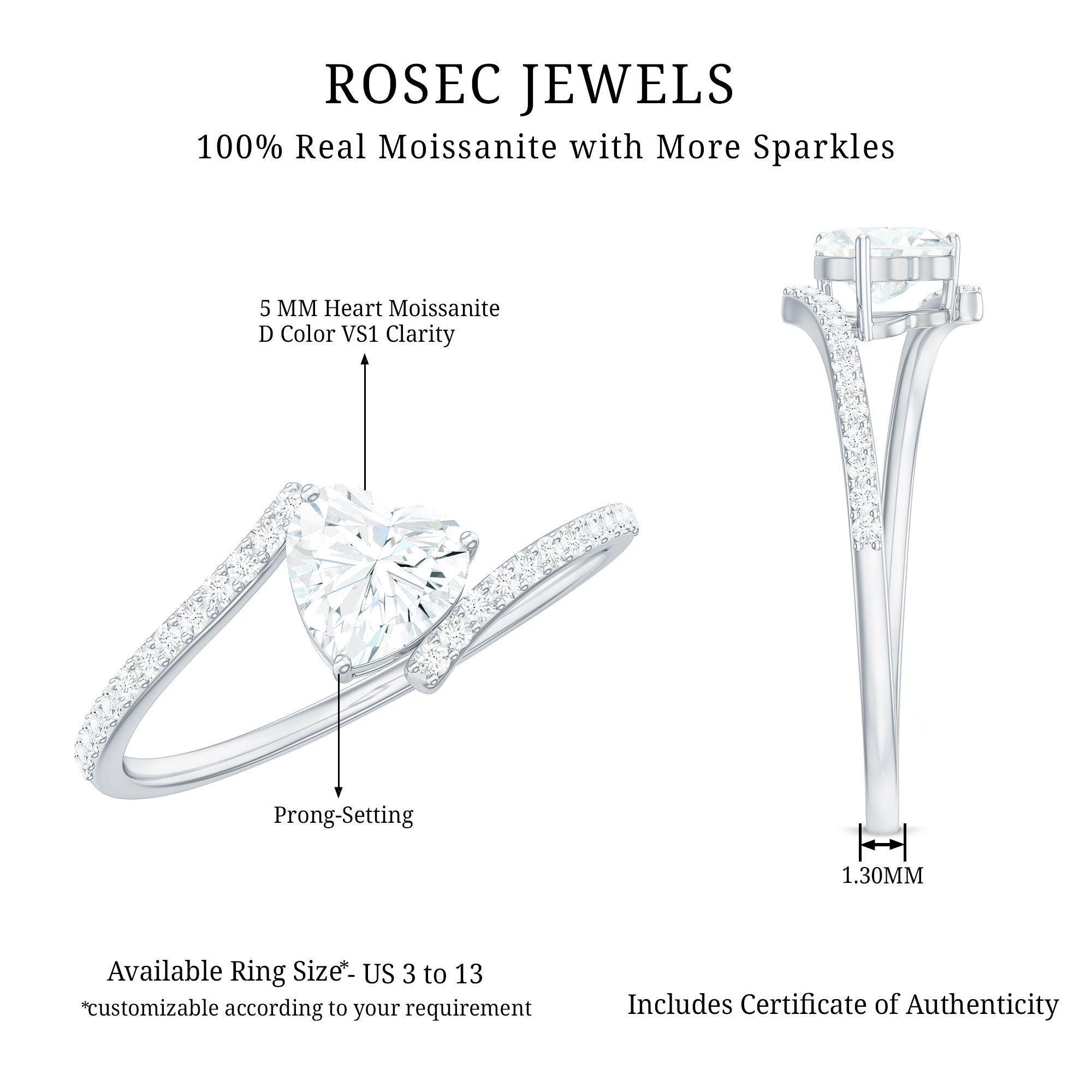 5mm Heart Shape Moissanite Promise Ring with Bypass Shank