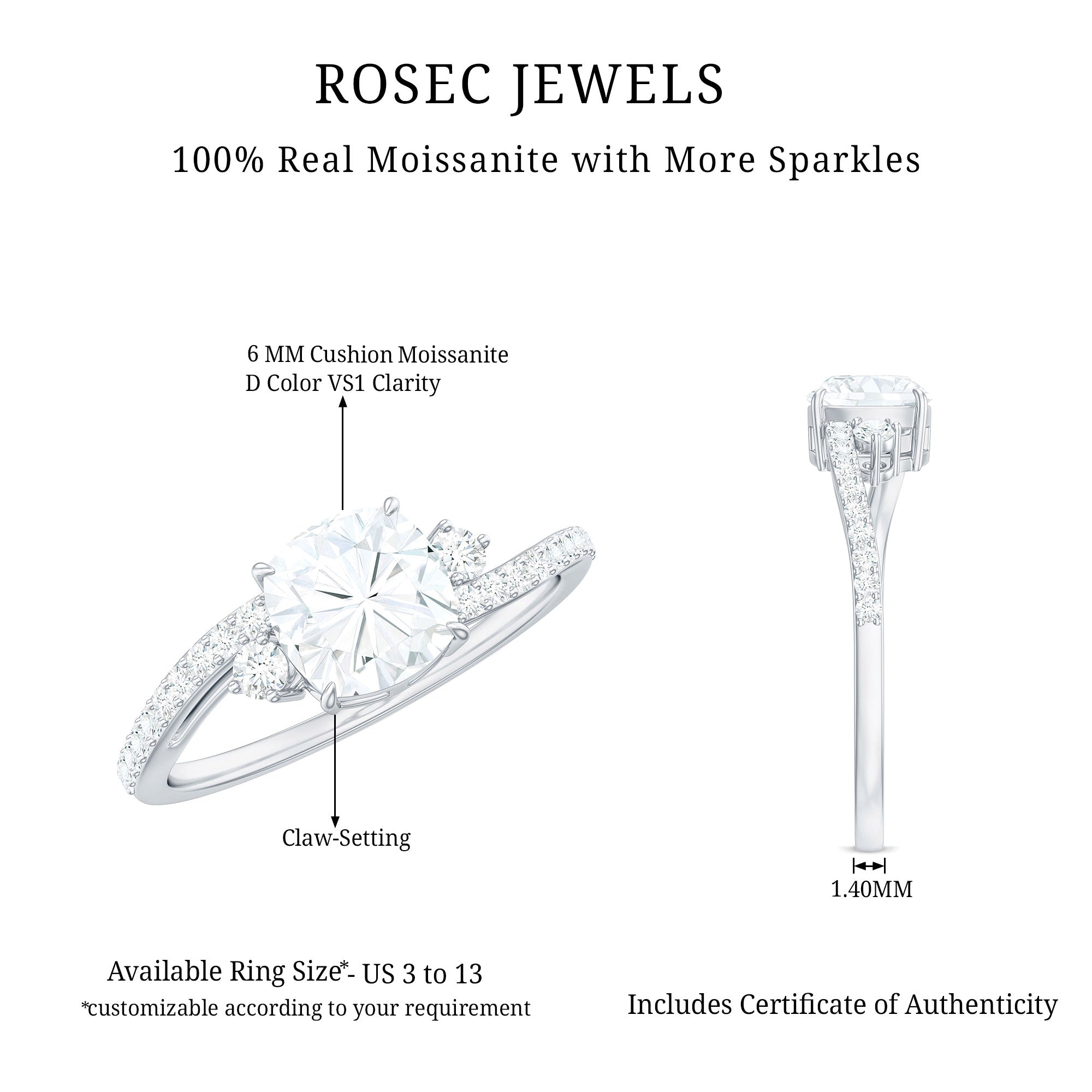 6X6 MM Cushion Cut Moissanite Bypass Engagement Ring for Women