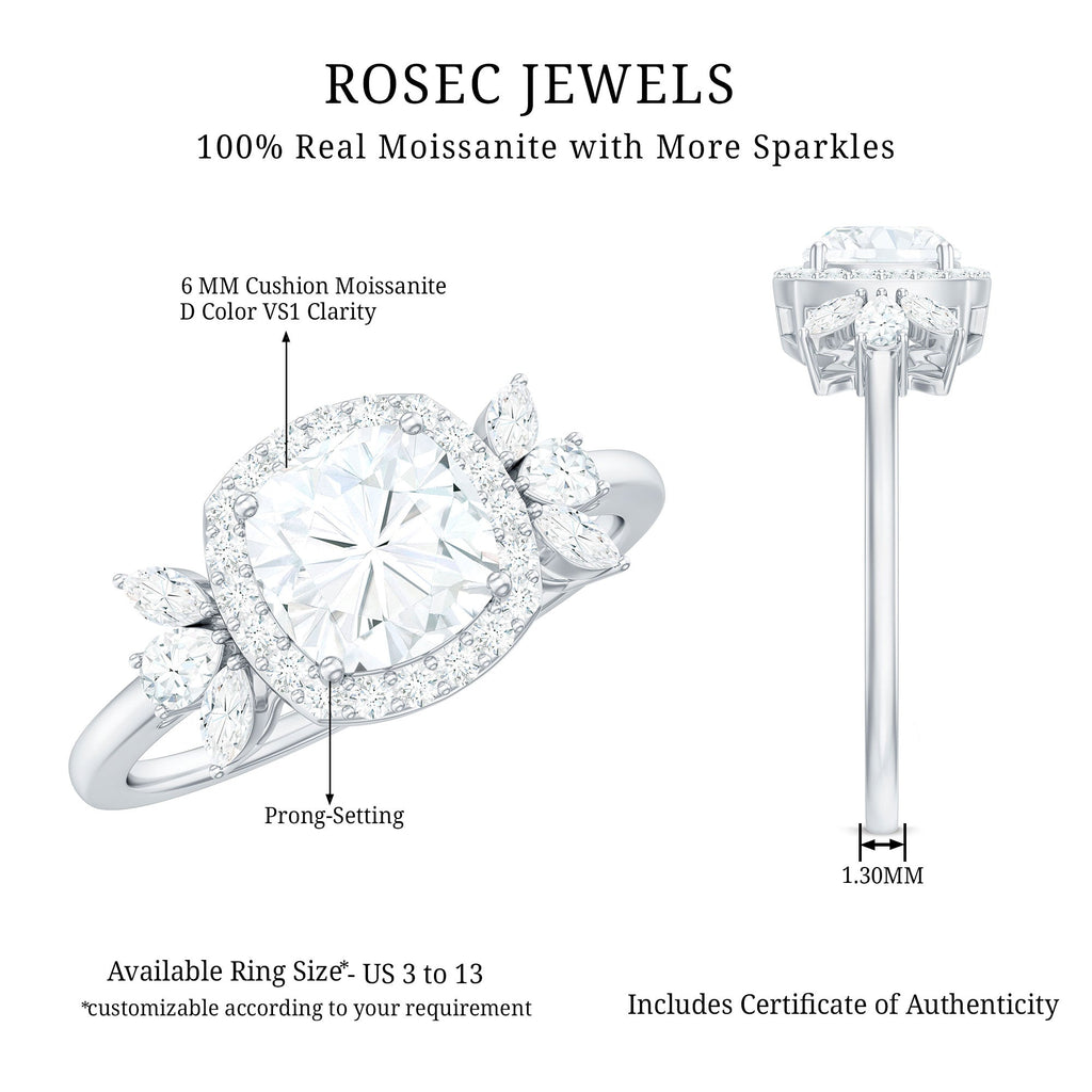 6mm Cushion Cut Moissanite Designer Halo Engagement Ring