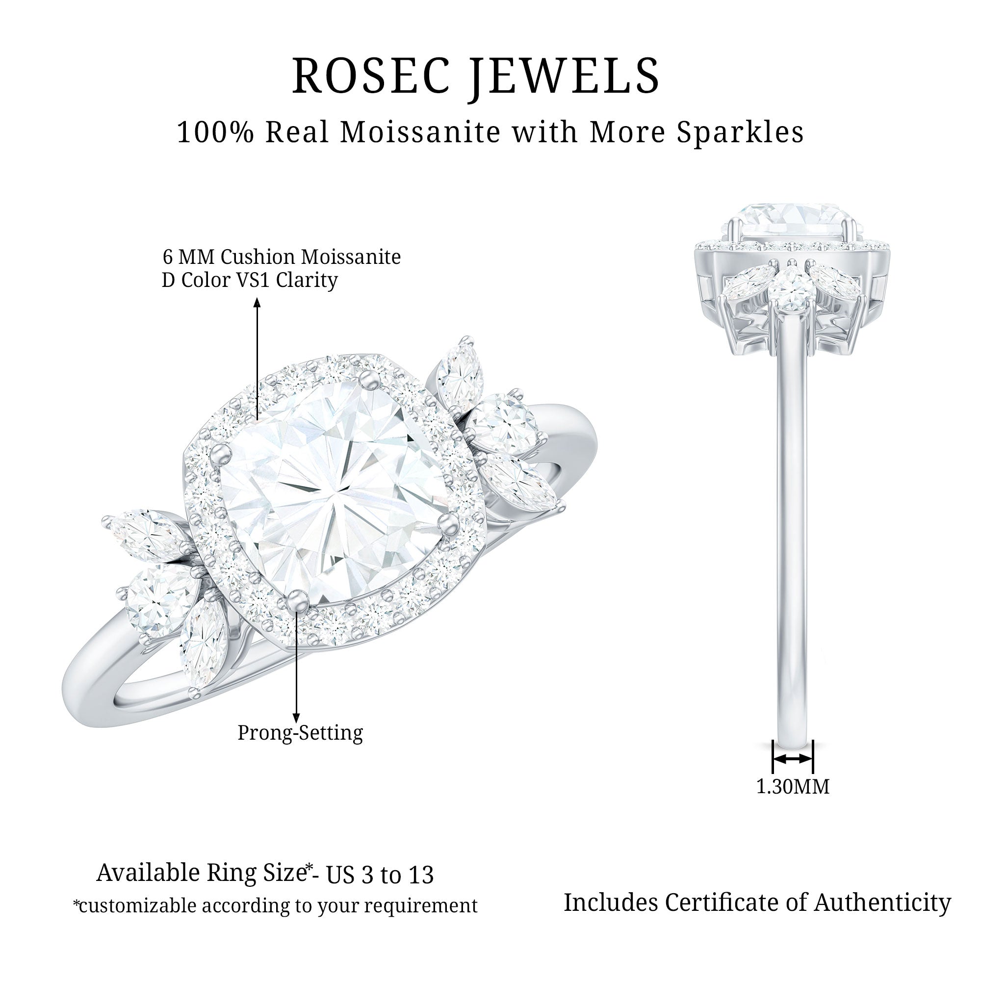 6mm Cushion Cut Moissanite Designer Halo Engagement Ring