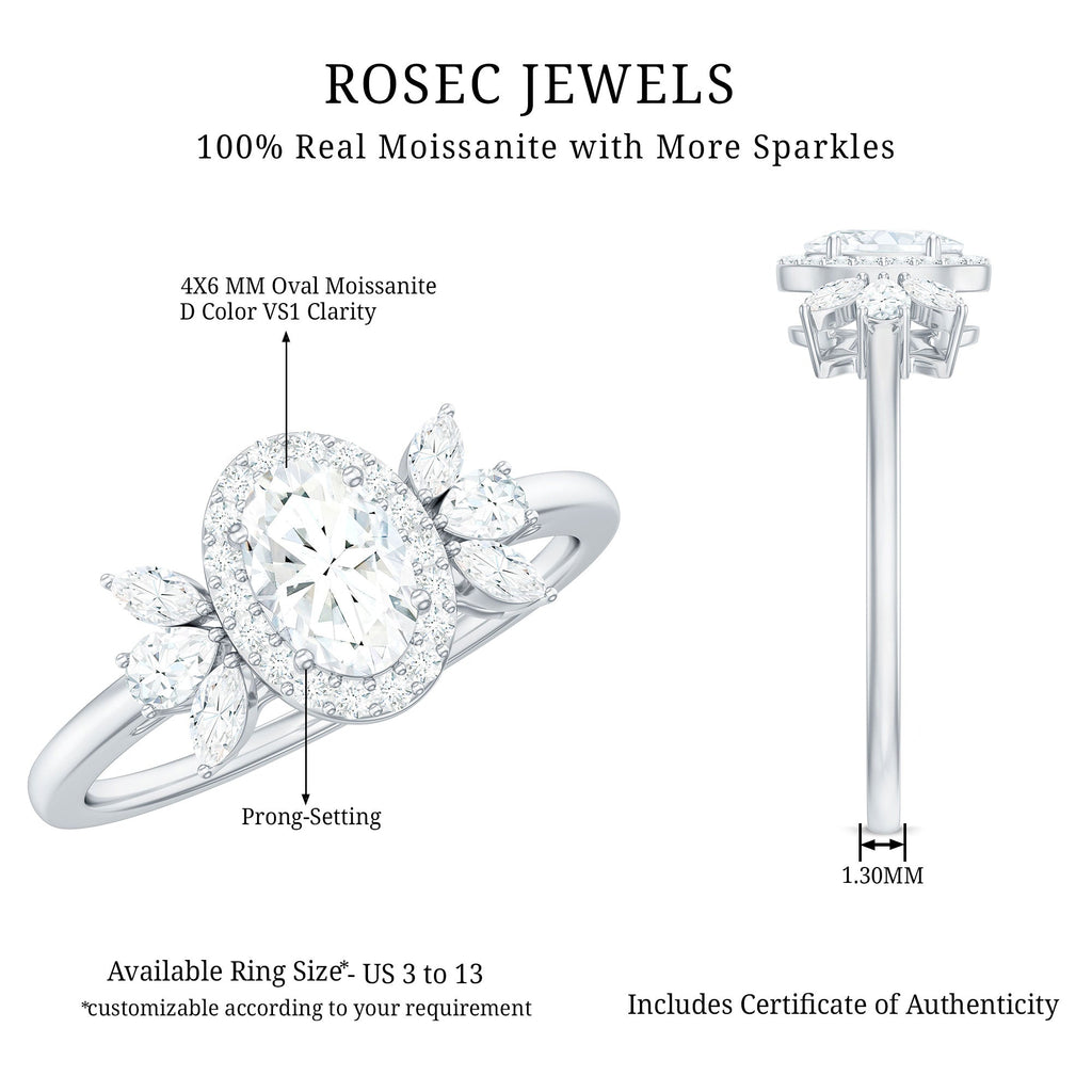 4x6mm Oval Cut Moissanite Halo Engagement Ring with Trio