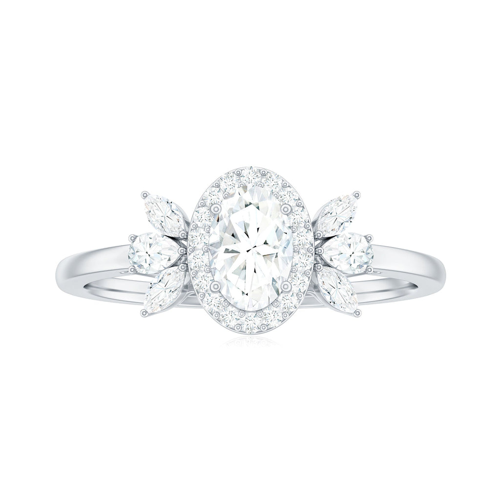 4x6mm Oval Cut Moissanite Halo Engagement Ring with Trio