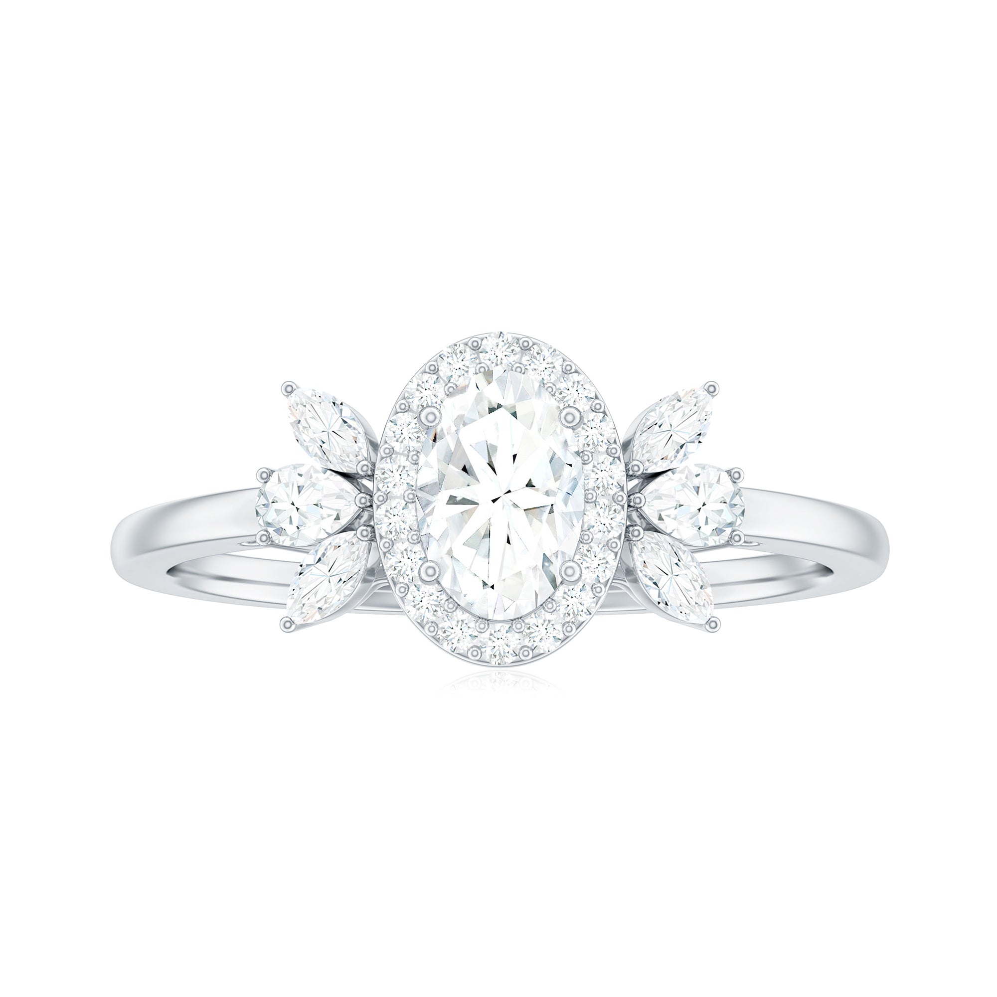 4x6mm Oval Cut Moissanite Halo Engagement Ring with Trio