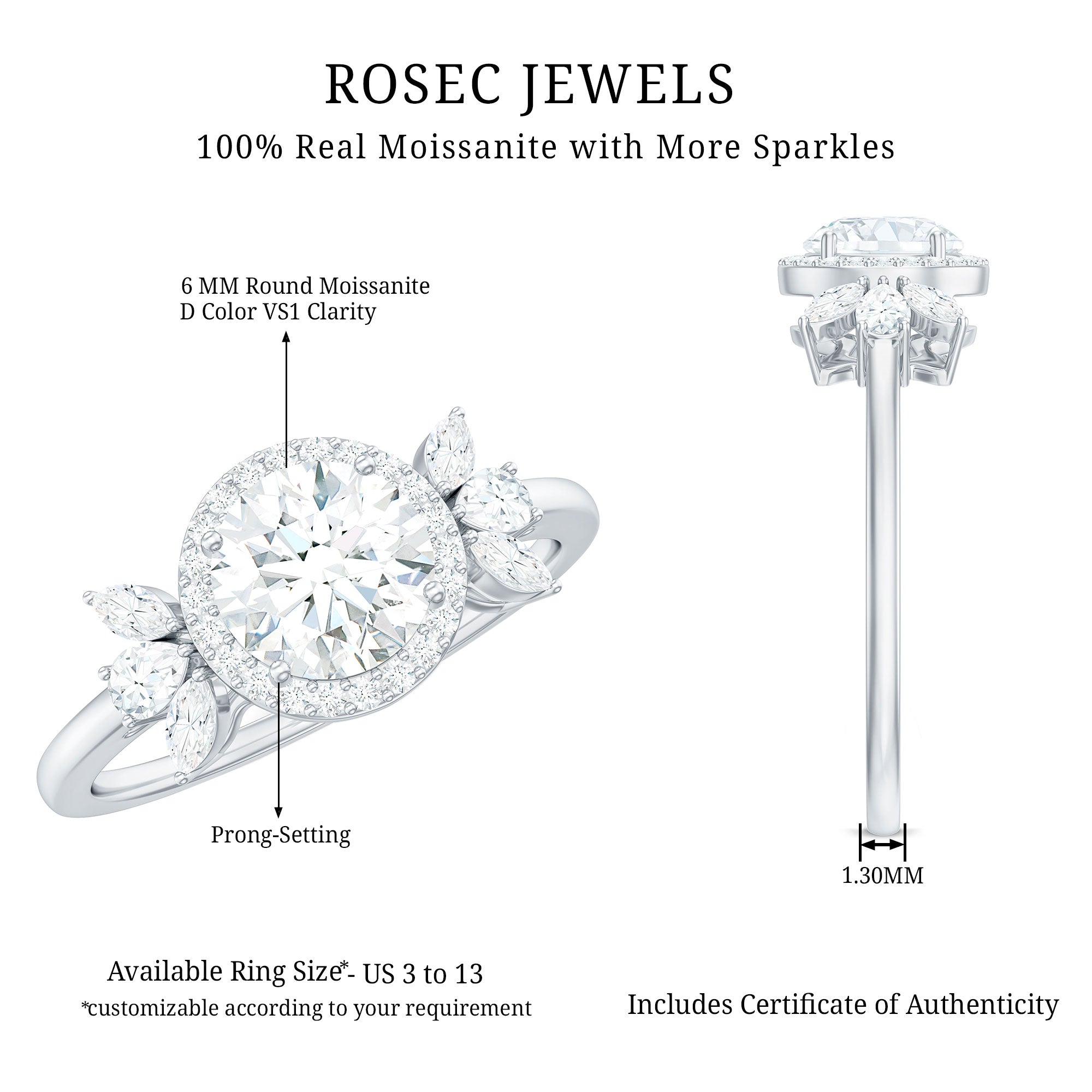 6mm Round Shape Moissanite Designer Halo Engagement Ring