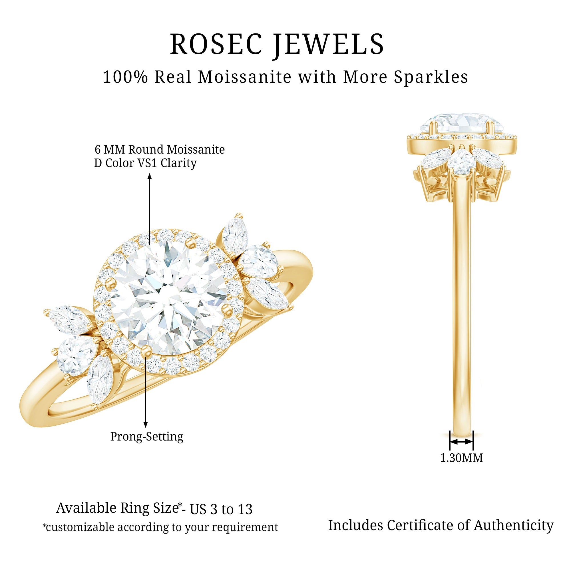 6mm Round Shape Moissanite Designer Halo Engagement Ring