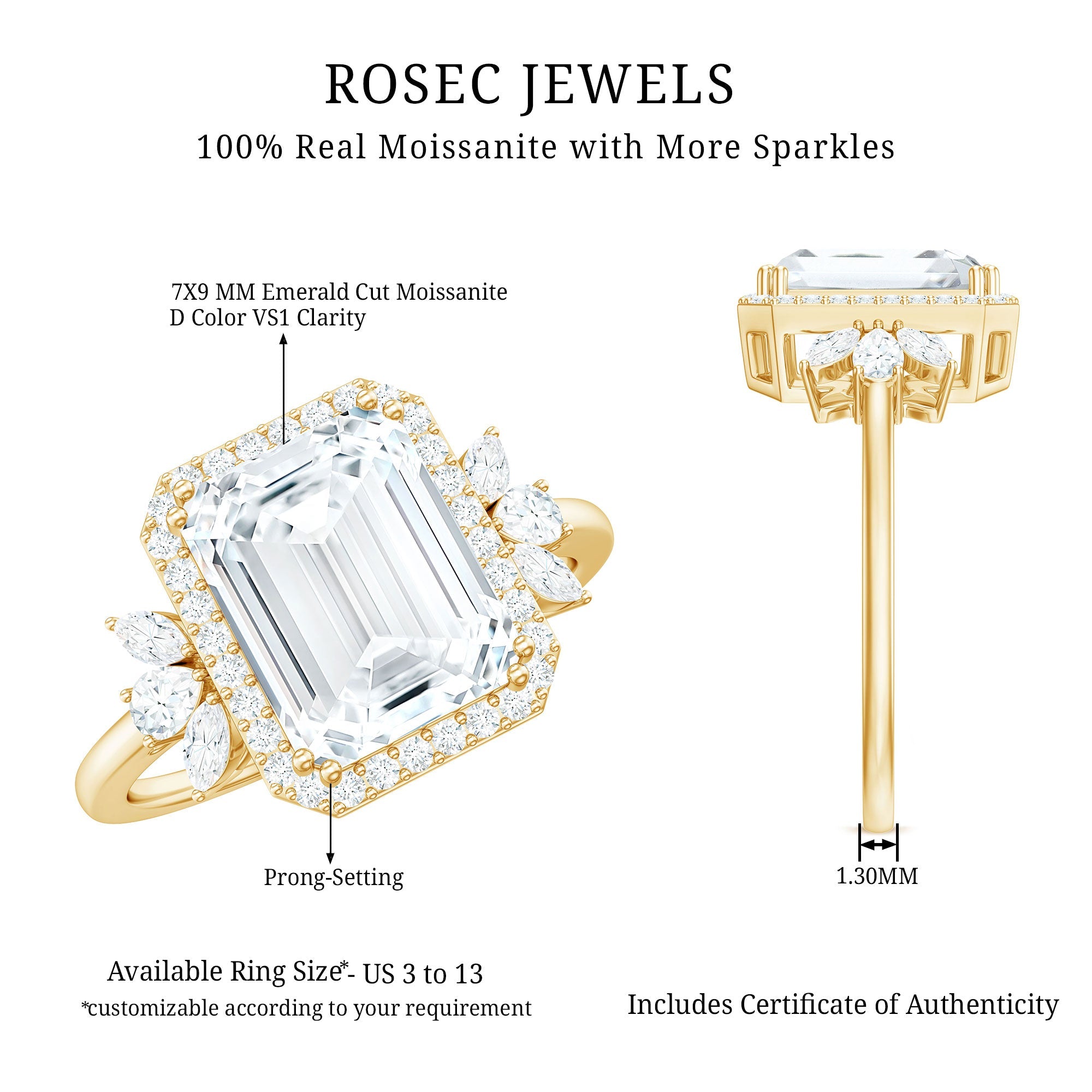 7X9 MM Emerald Cut Certified Moissanite Statement Engagement Ring