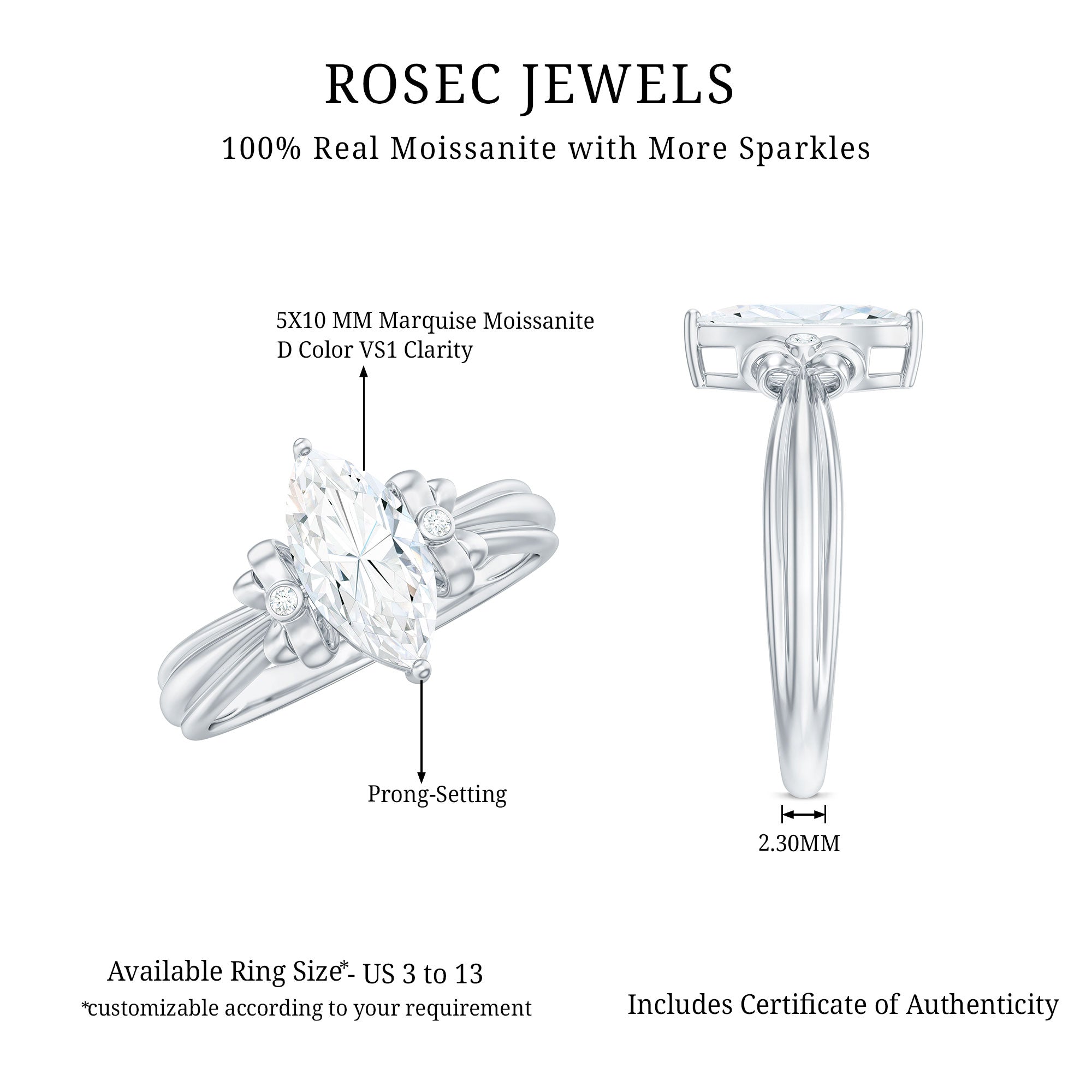 5x10mm Brilliant Cut Certified Moissanite Statement Ring