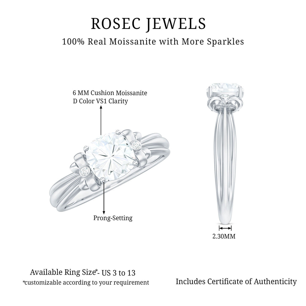 6mm Cushion Cut Moissanite Designer Solitaire Ring with Engraved Shank