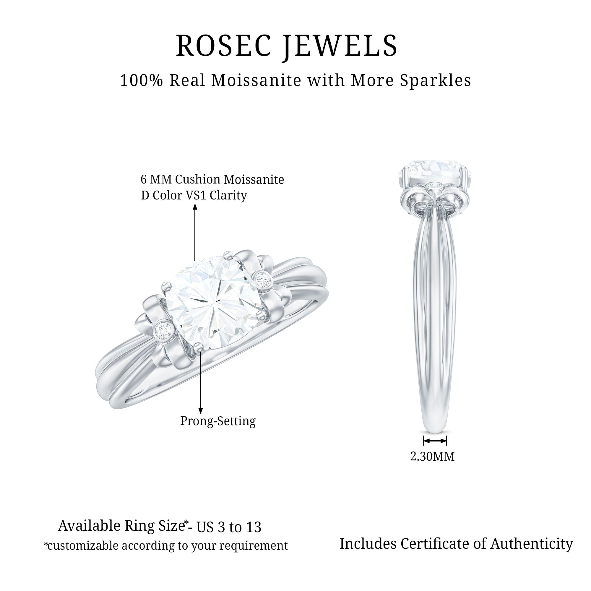6mm Cushion Cut Moissanite Designer Solitaire Ring with Engraved Shank