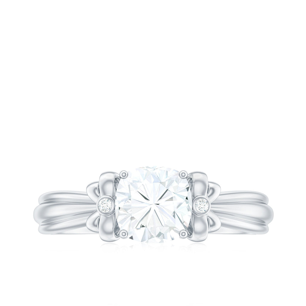 6mm Cushion Cut Moissanite Designer Solitaire Ring with Engraved Shank