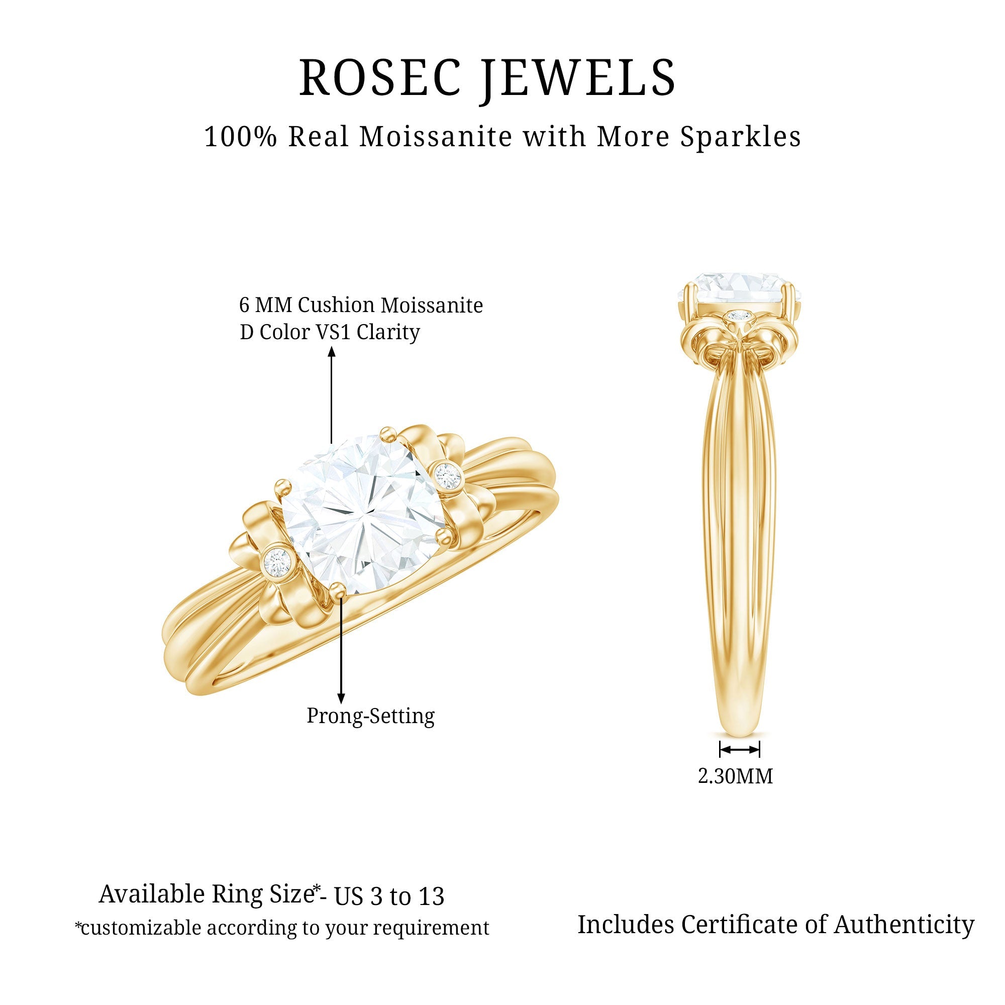 6mm Cushion Cut Moissanite Designer Solitaire Ring with Engraved Shank
